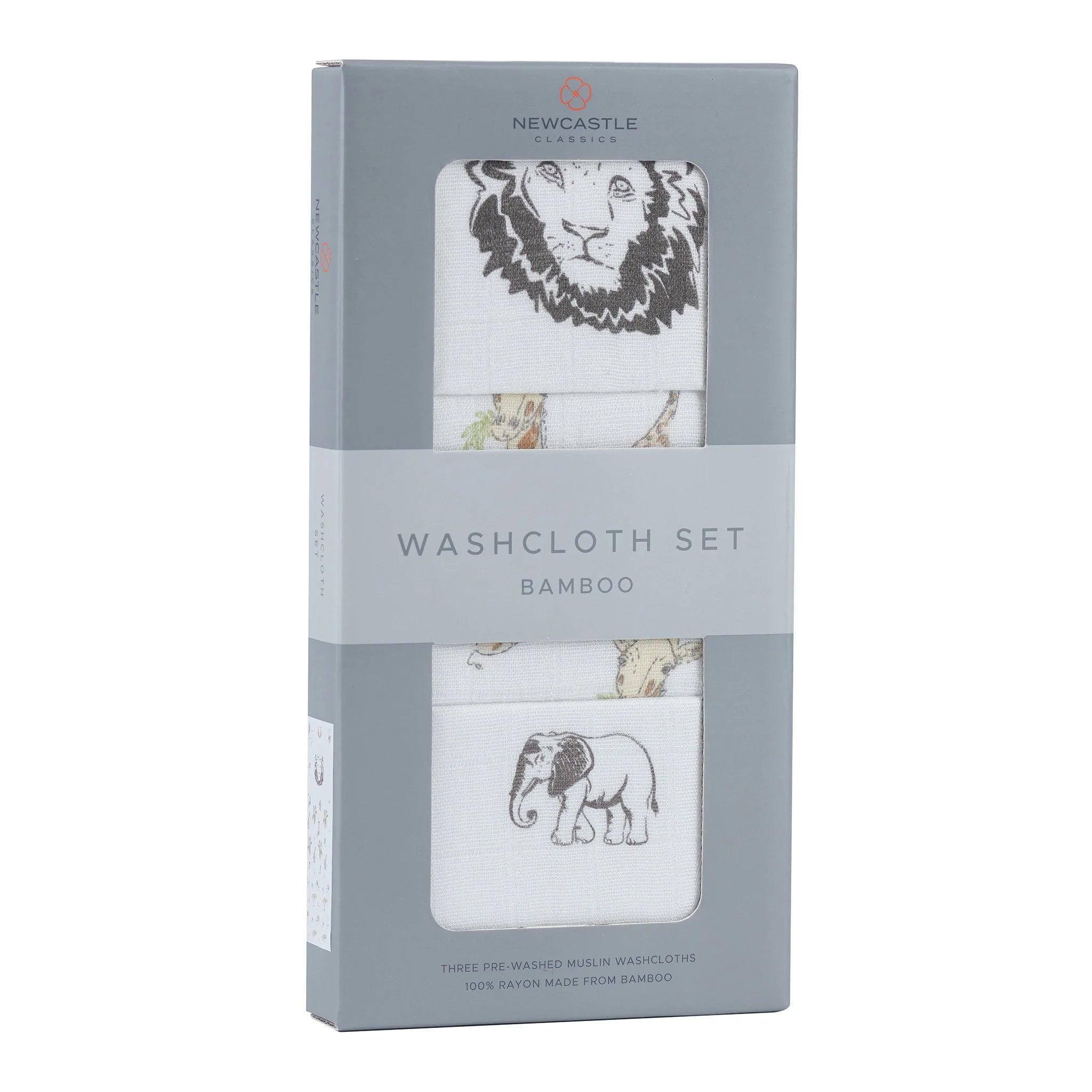 On The Savannah Washcloth Set 3pk featuring colorful prints and an attached loop for drying, made from 100% natural bamboo muslin.