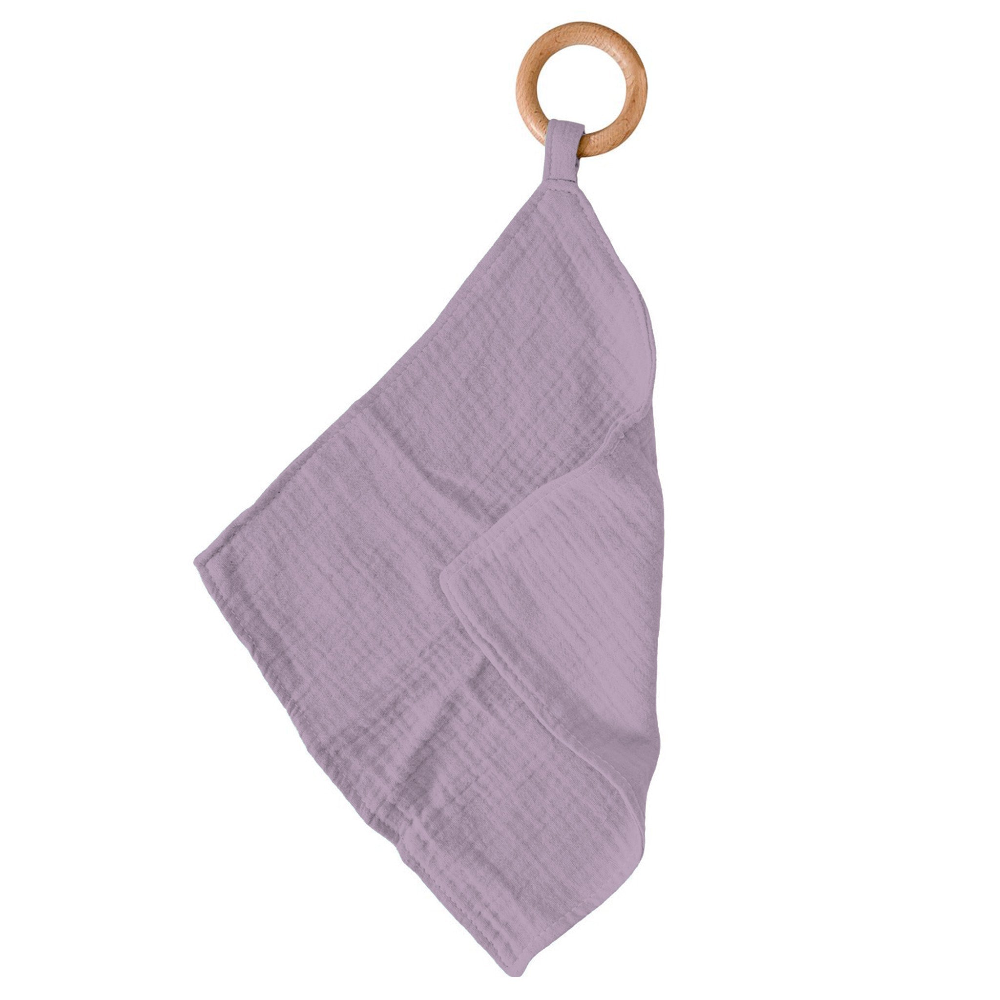 Orchid Lavender Newcastle Teether featuring a soft cotton blankie and a removable beach wood ring for teething relief.