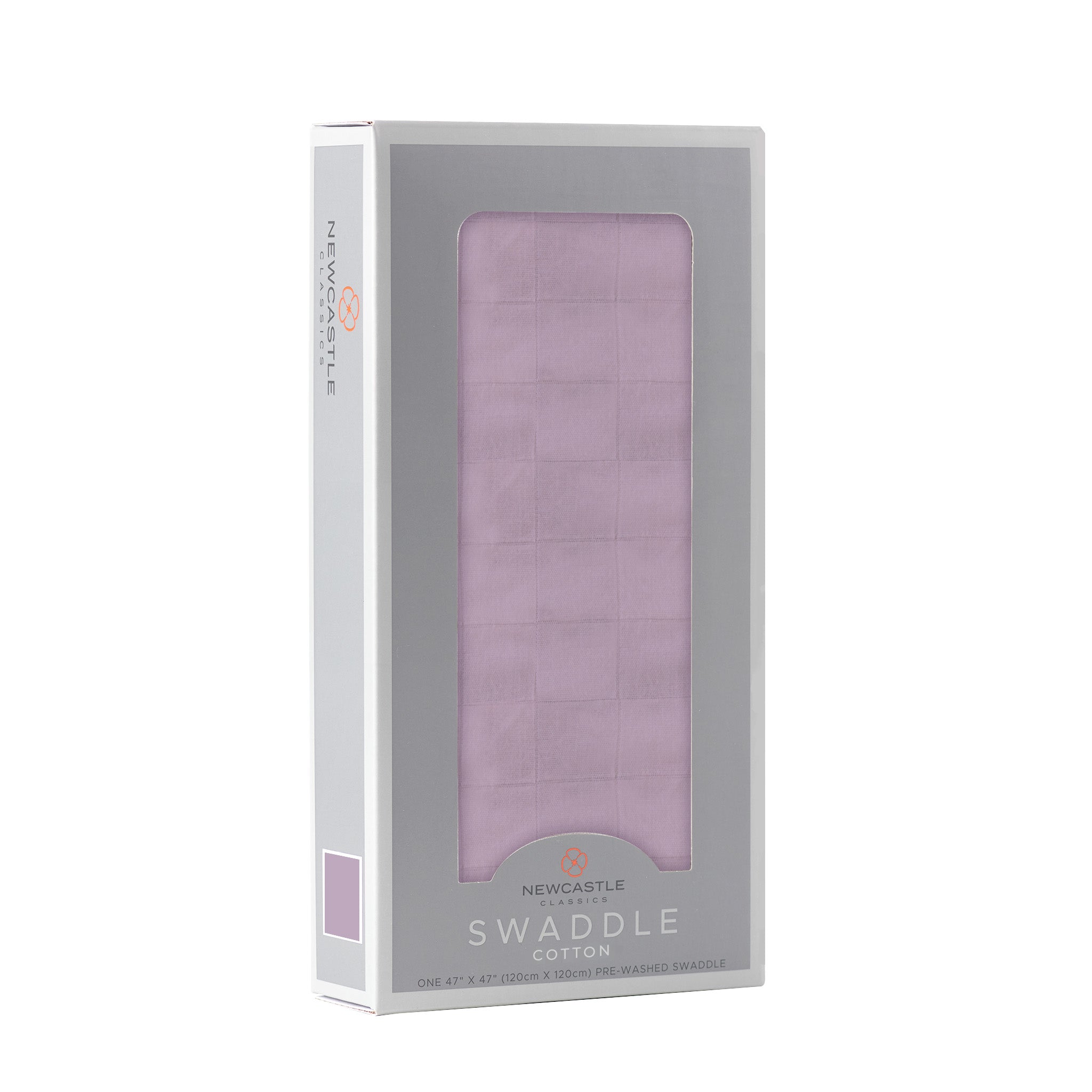 Orchid Lavender Swaddle made from 100% natural cotton muslin, featuring a soft lavender color and generous size for versatile use.