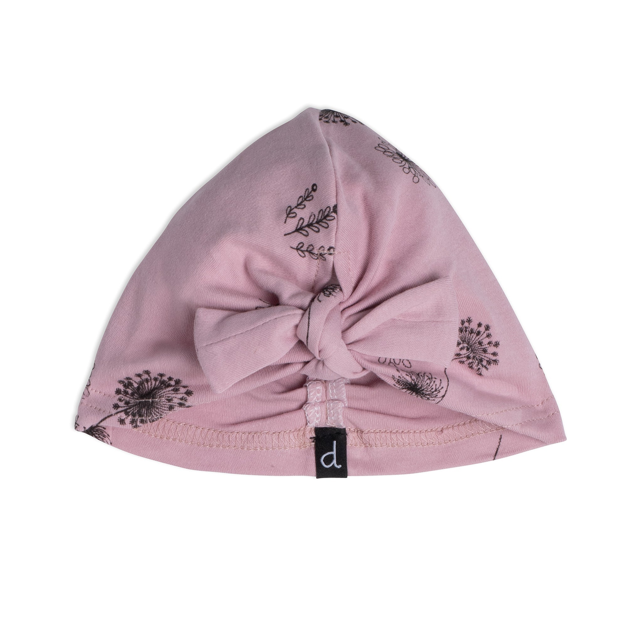 Organic Cotton Hat and Bib Set in Dusty Purple with flower print and bow detail, perfect for babies.