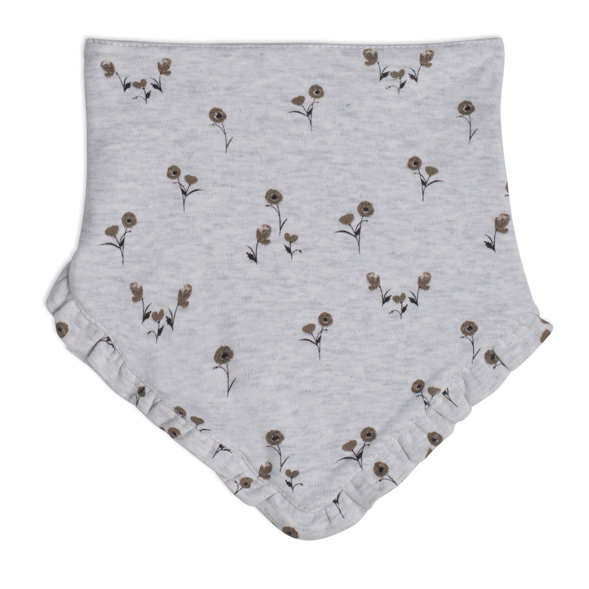 Organic cotton hat and bib set featuring small flower print and ruffle trim, perfect for babies.