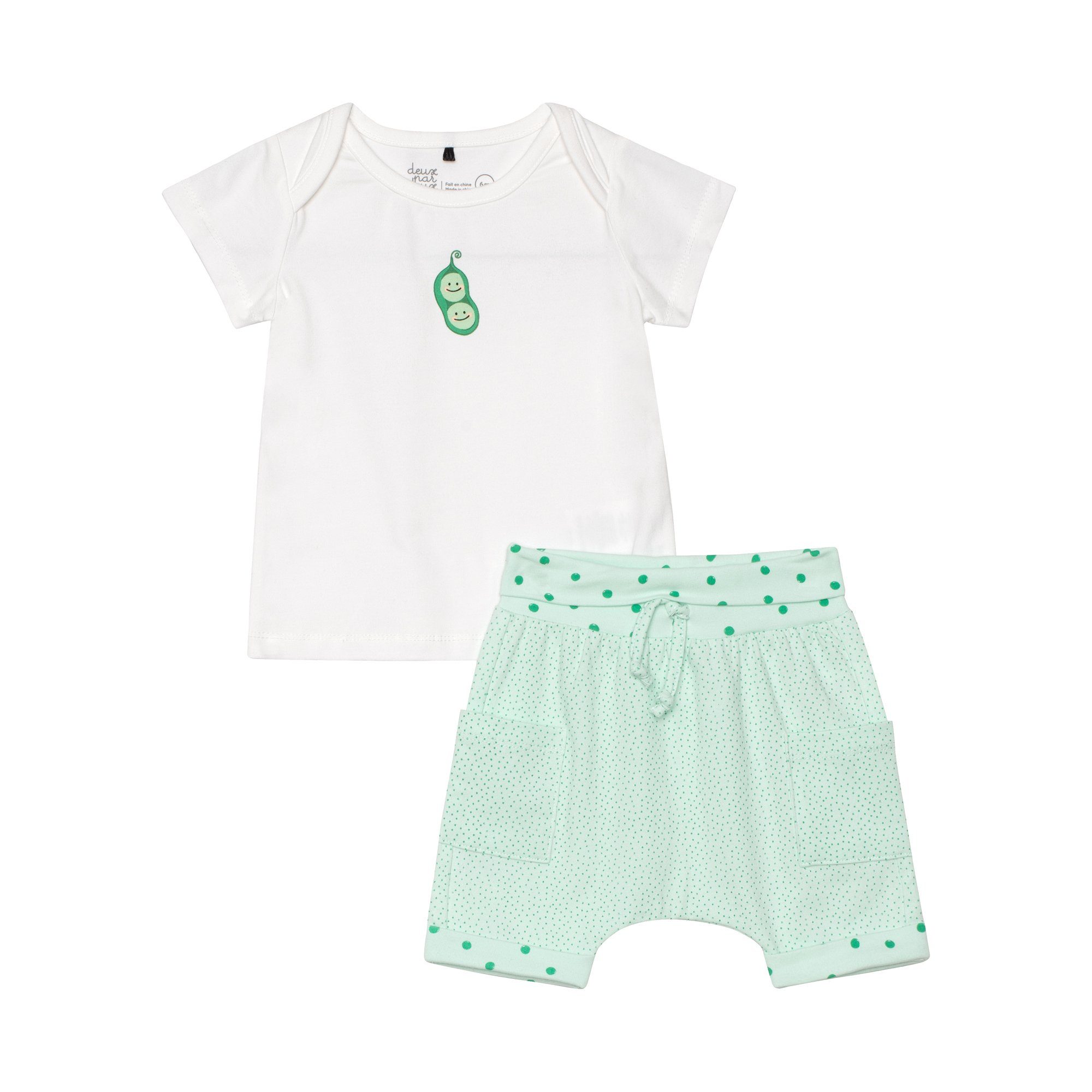 A cute Organic Cotton Top and Short Set featuring a pea pod print tee and polka dot shorts, perfect for kids.