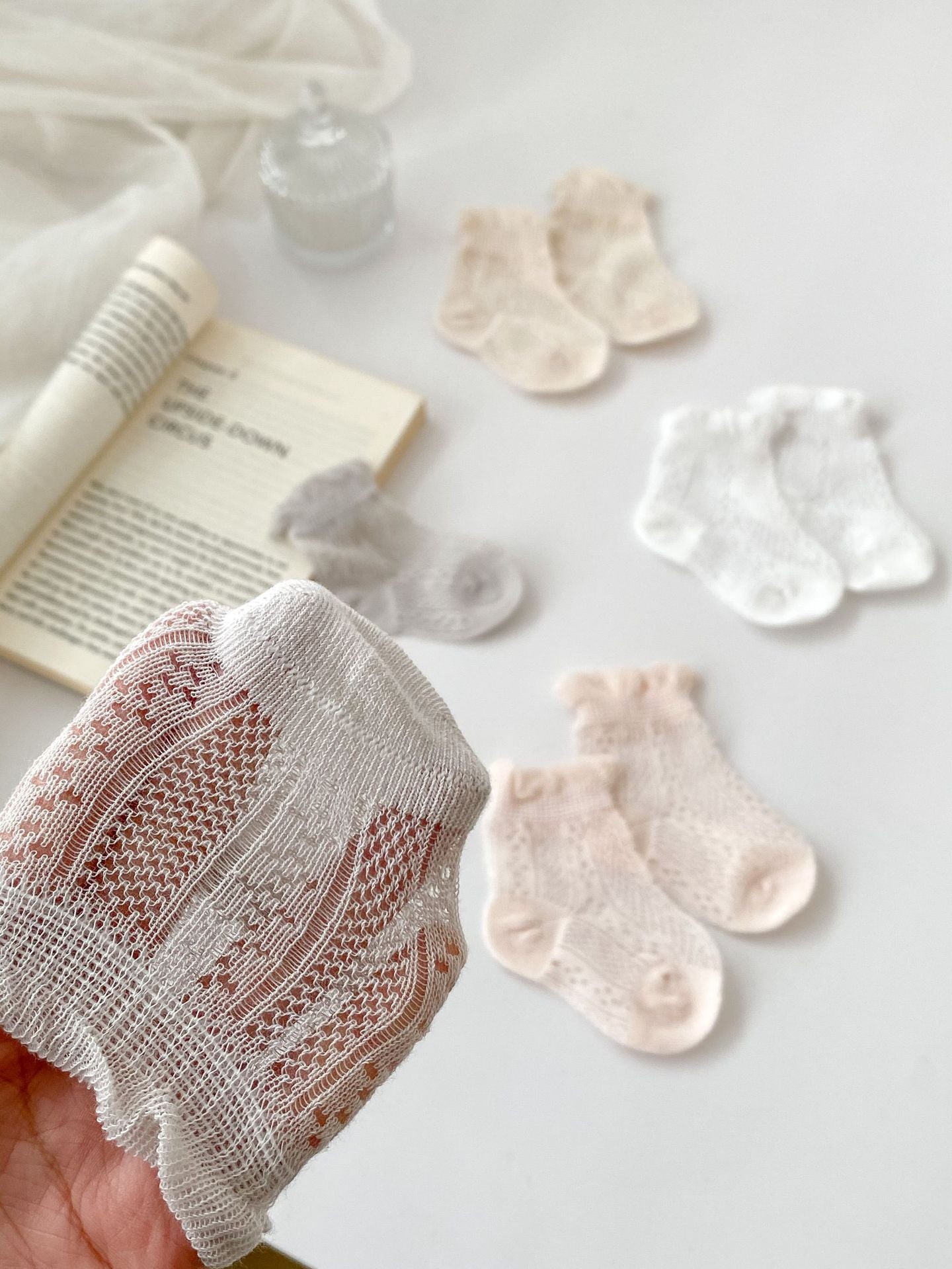 Pairs Summer Super Thin Breathable Socks for Girls featuring a floral design in beige, perfect for baby girls.