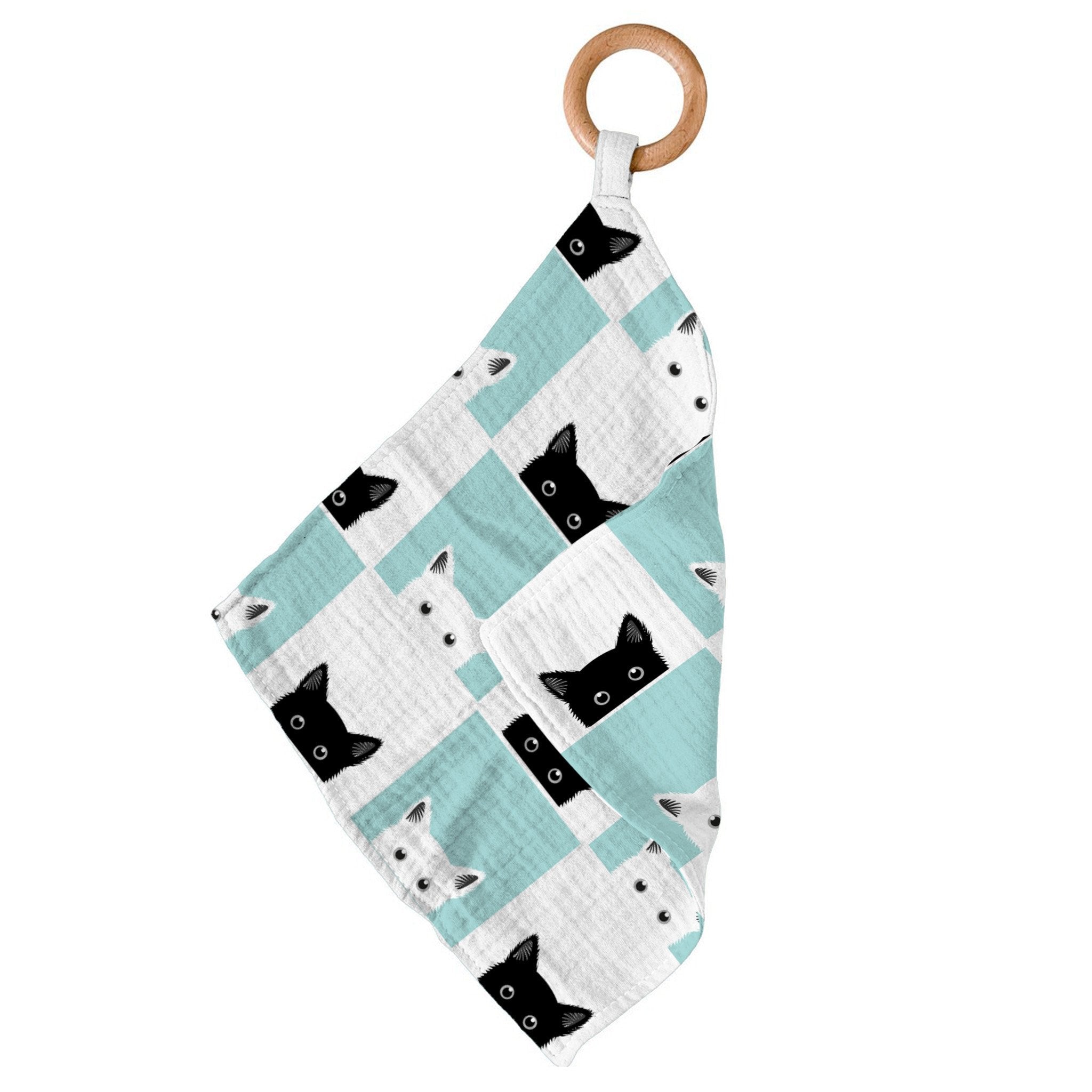 Peek-A-Boo Cats Bamboo Blankie Teether featuring a soft bamboo blankie and a removable beach wood ring for teething relief.