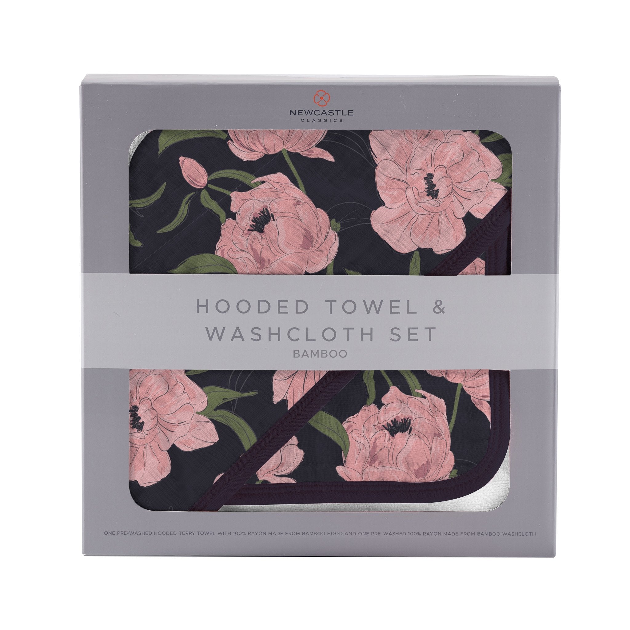 Peonies Hooded Towel and Washcloth Set featuring soft bamboo muslin material with a floral design, perfect for keeping babies warm and dry.