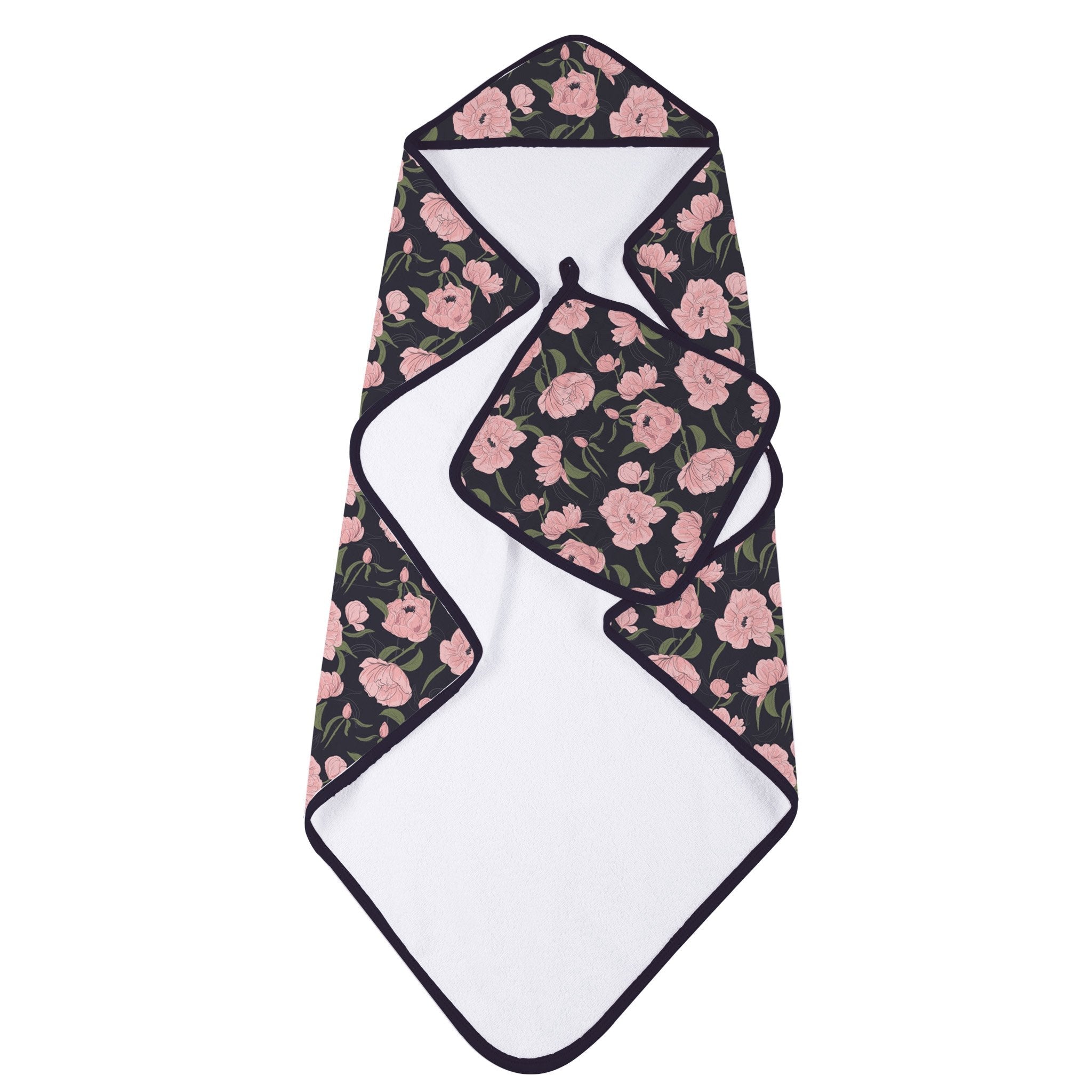 Peonies Hooded Towel and Washcloth Set featuring soft bamboo muslin material with a floral design, perfect for keeping babies warm and dry.