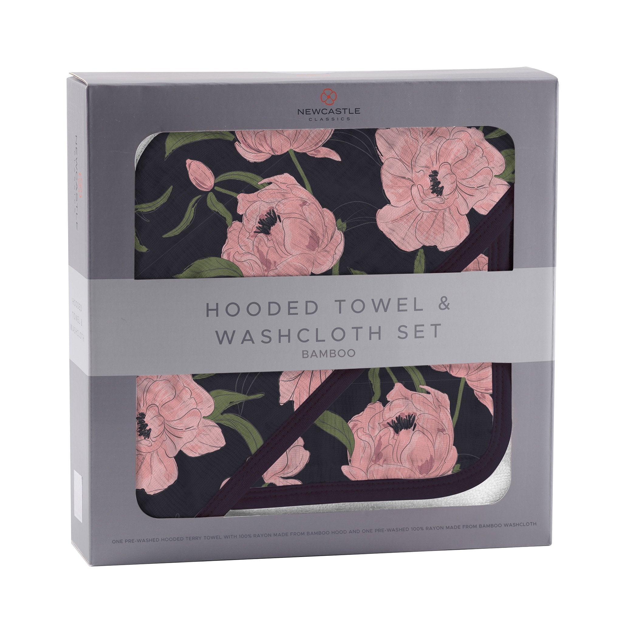 Peonies Hooded Towel and Washcloth Set featuring soft bamboo muslin material with a floral design, perfect for keeping babies warm and dry.