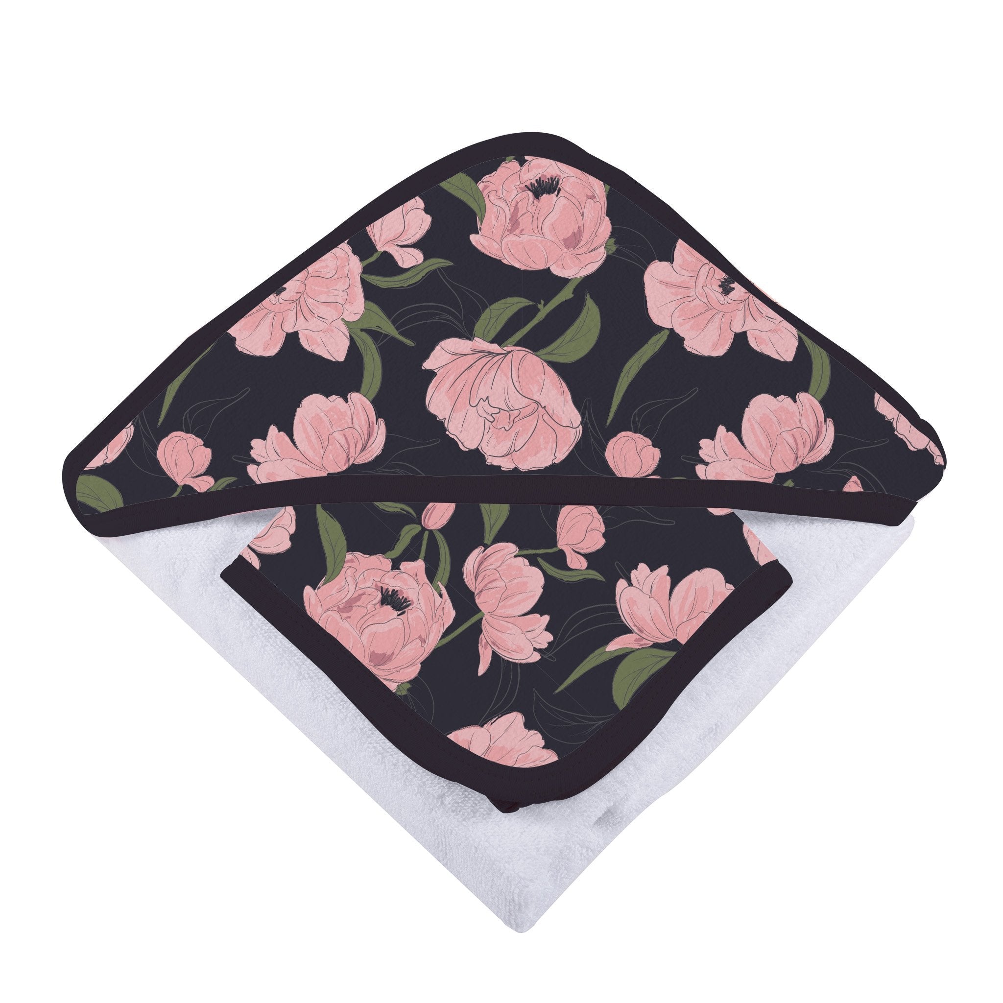 Peonies Hooded Towel and Washcloth Set featuring soft bamboo muslin material with a floral design, perfect for keeping babies warm and dry.