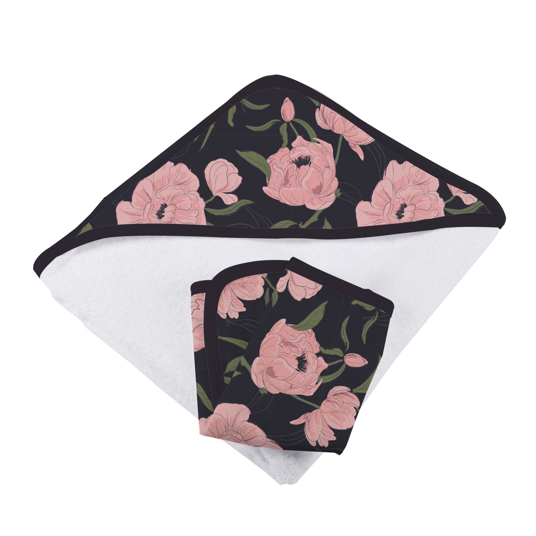 Peonies Hooded Towel and Washcloth Set featuring soft bamboo muslin material with a floral design, perfect for keeping babies warm and dry.