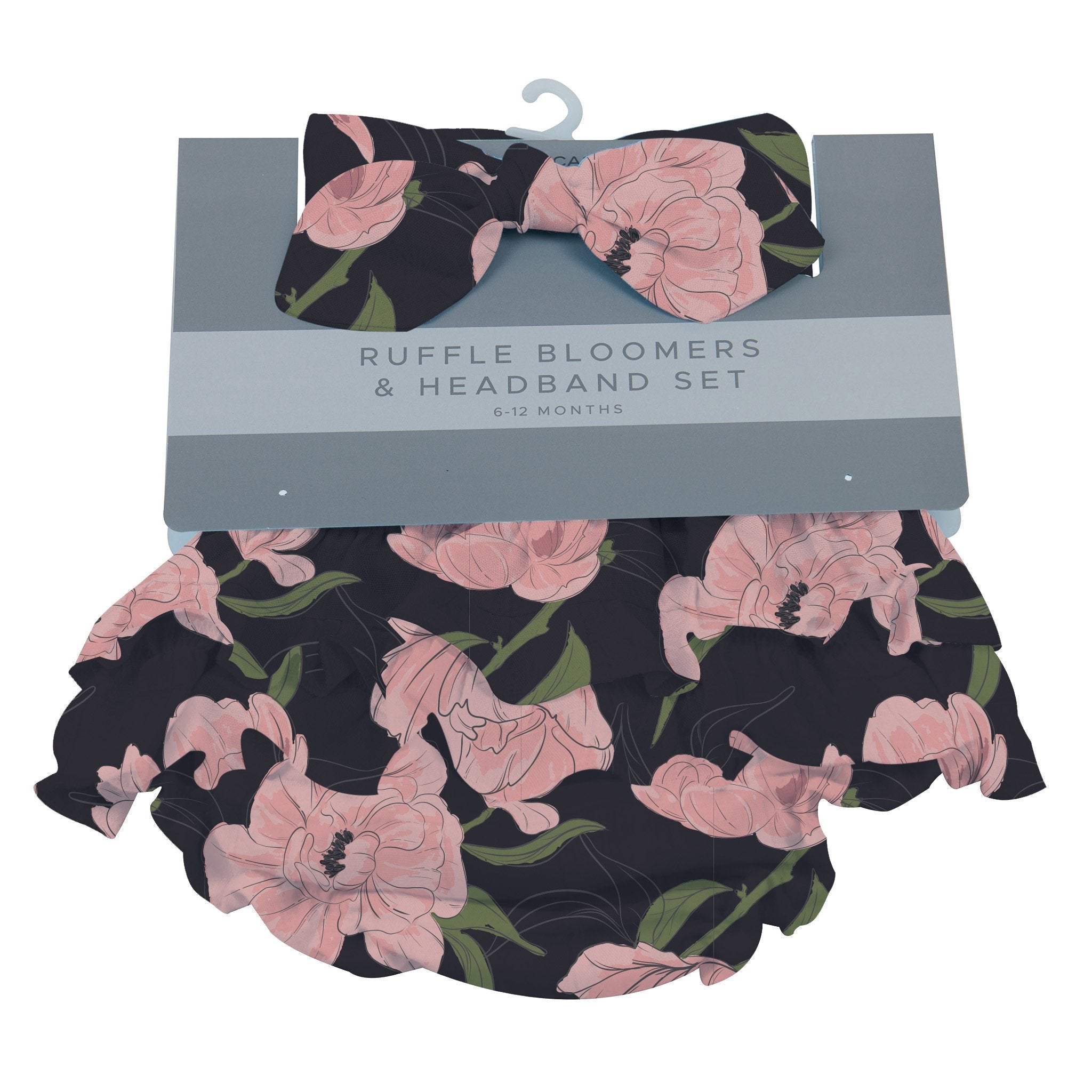 Peonies Ruffle Bloomers and Headband Set for infants, featuring soft bamboo fabric and a stylish ruffle design.