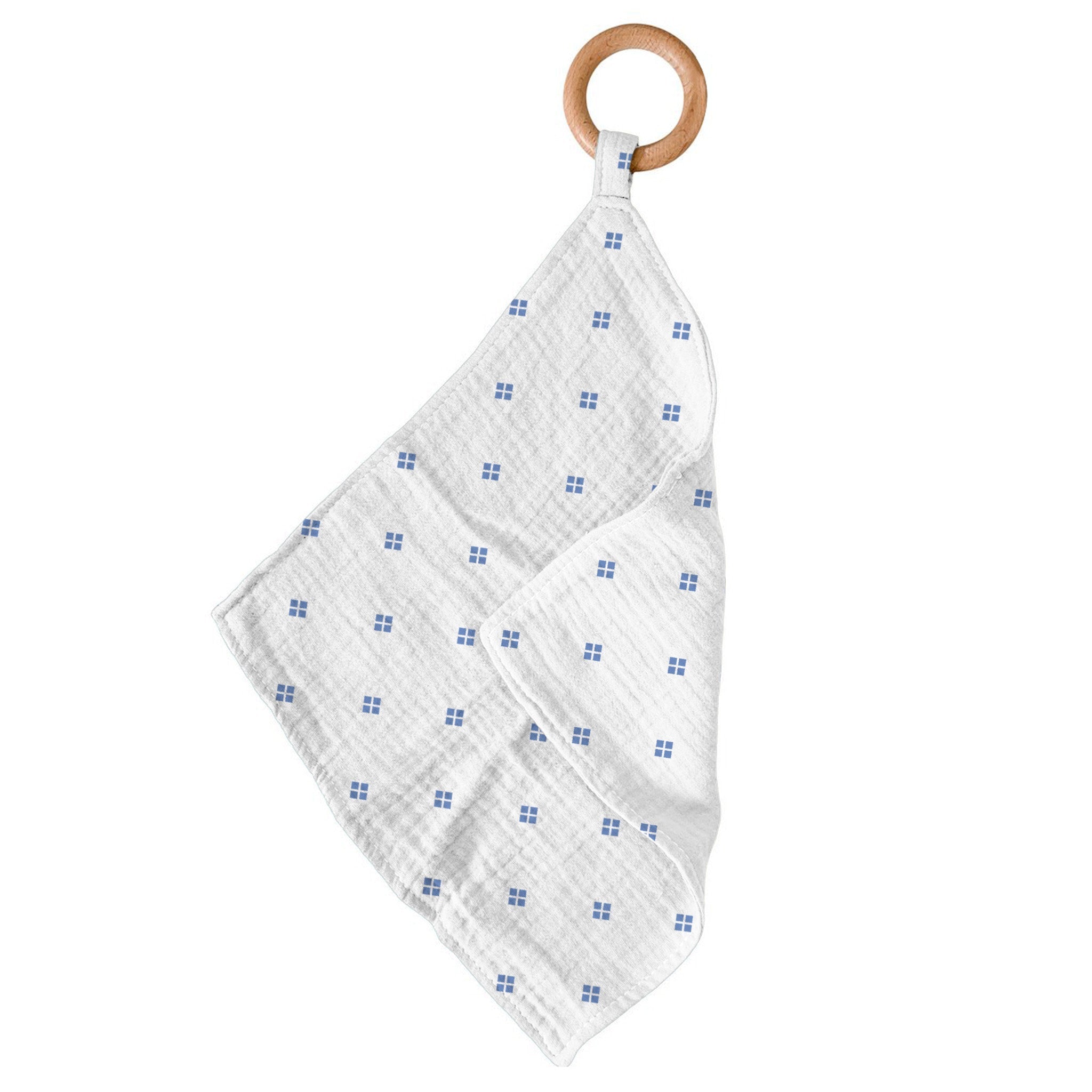 Periwinkle Diamond Polka Dot Bamboo Newcastle Teether featuring a soft bamboo mini blankie and a removable beach wood ring.