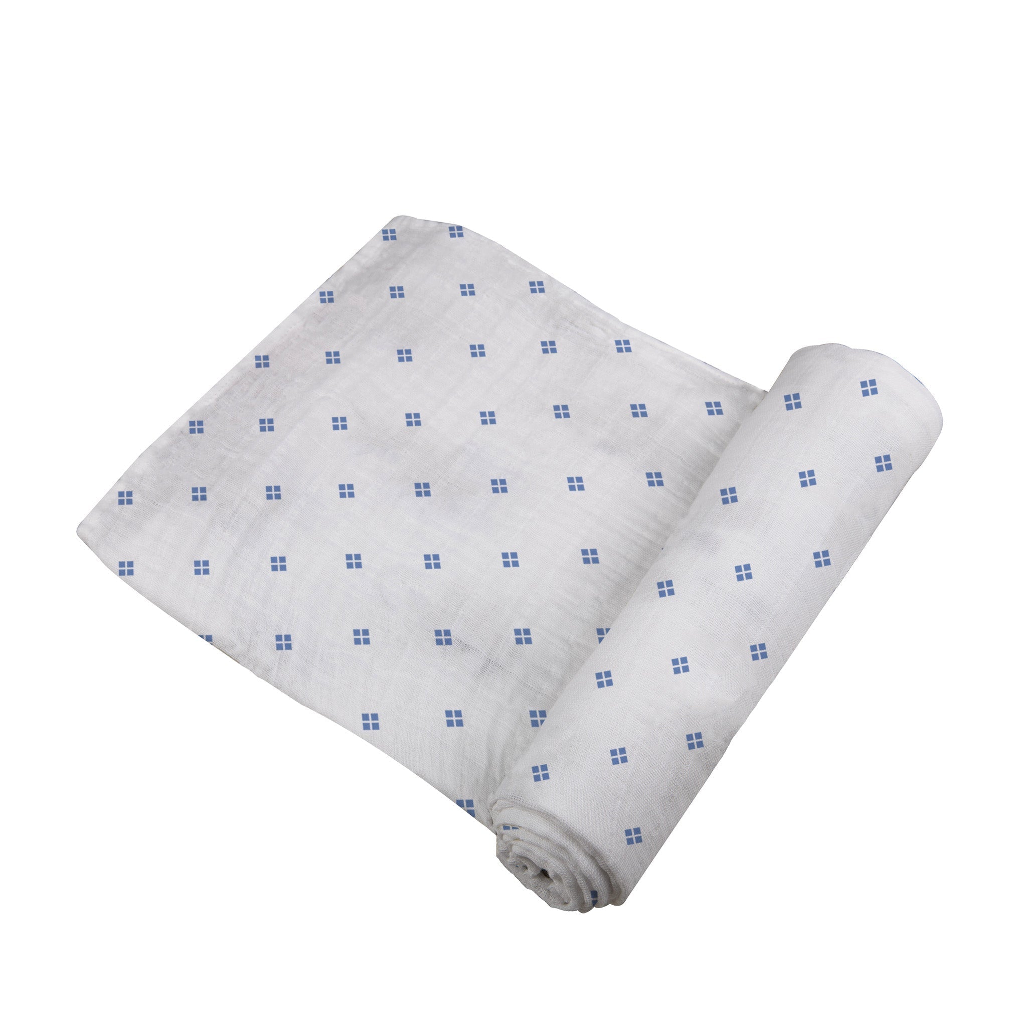 Periwinkle Diamond Polka Dot Swaddle made from soft bamboo muslin, featuring a stylish polka dot pattern.