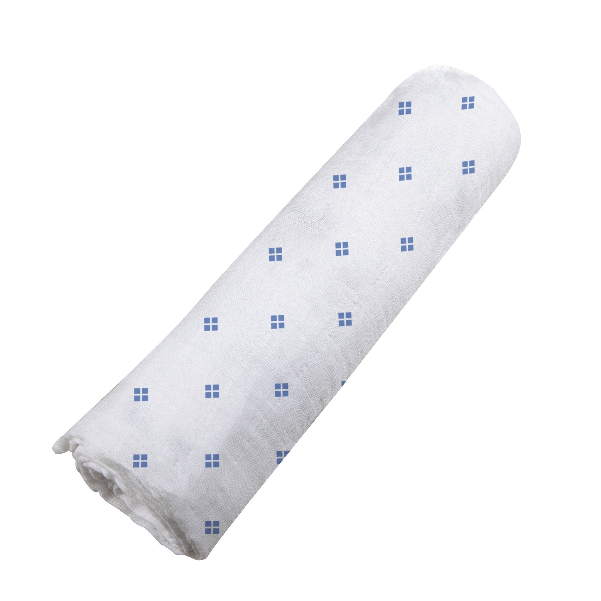 Periwinkle Diamond Polka Dot Swaddle made from soft bamboo muslin, featuring a stylish polka dot pattern.