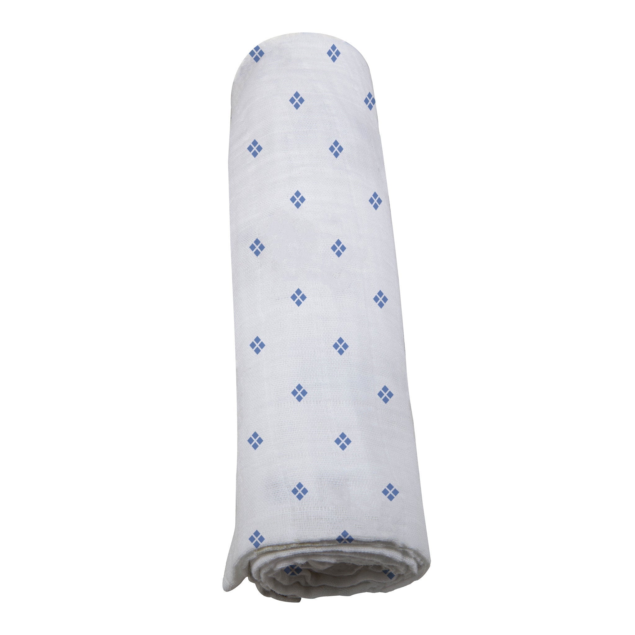 Periwinkle Diamond Polka Dot Swaddle made from soft bamboo muslin, featuring a stylish polka dot pattern.