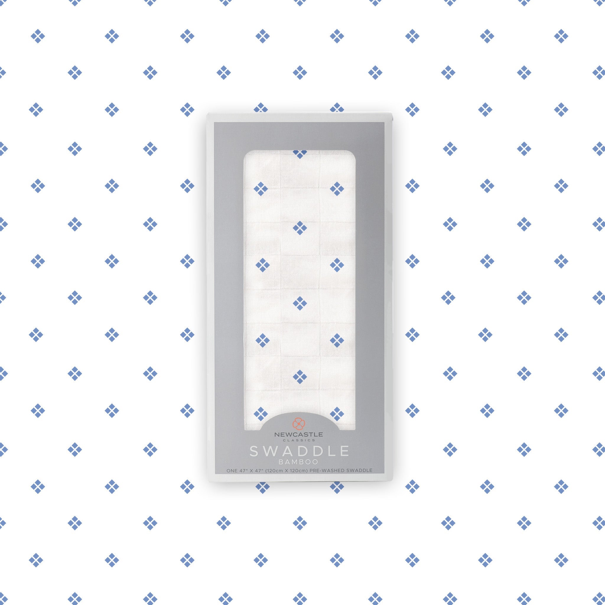 Periwinkle Diamond Polka Dot Swaddle made from soft bamboo muslin, featuring a stylish polka dot pattern.