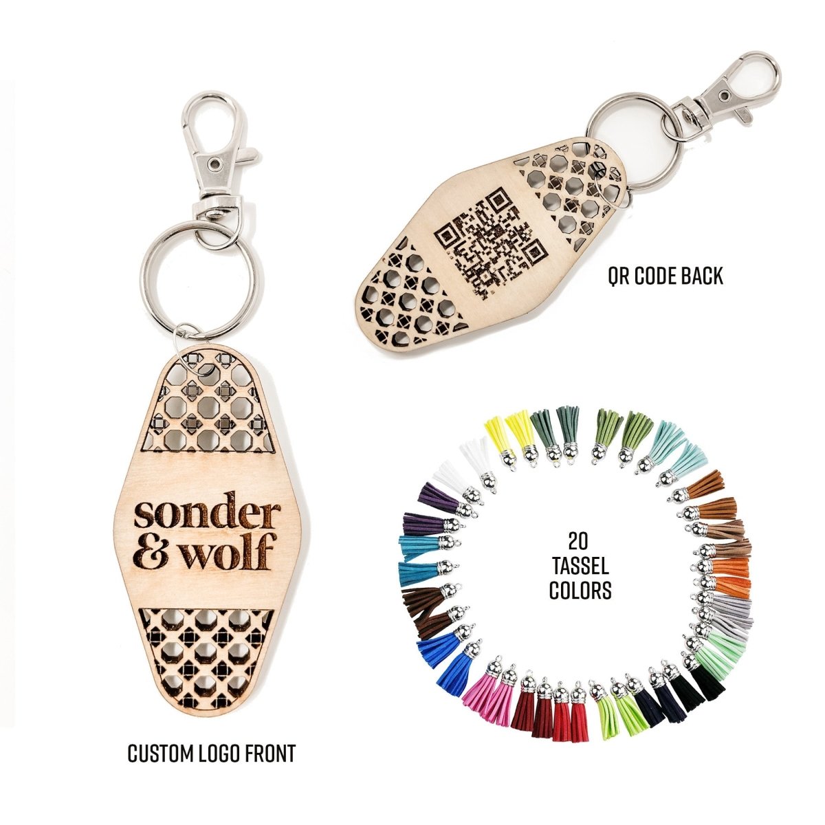 Personalized Business Rattan Keychain with QR Code and suede tassel in various colors, showcasing its elegant design and functionality.