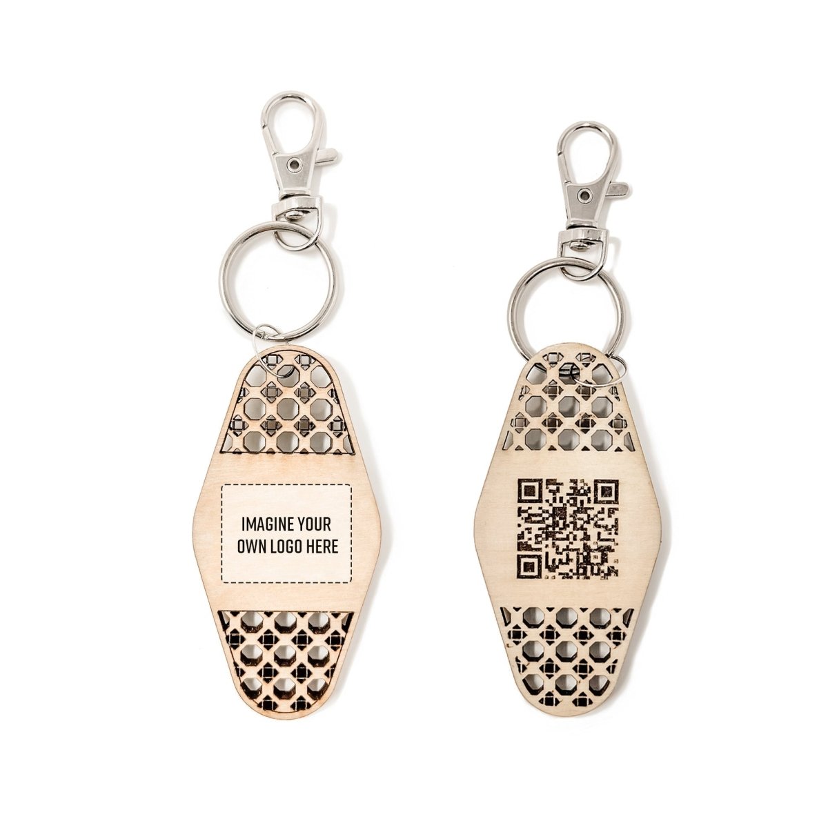 Personalized Business Rattan Keychain with QR Code and suede tassel in various colors, showcasing its elegant design and functionality.