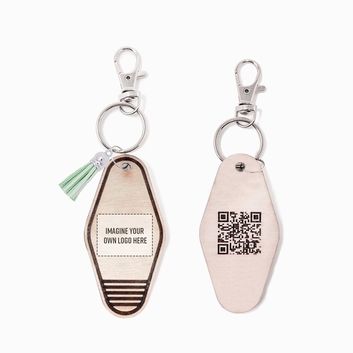 Personalized Business Rattan Keychain with QR Code and suede tassel in various colors, showcasing its elegant design and functionality.