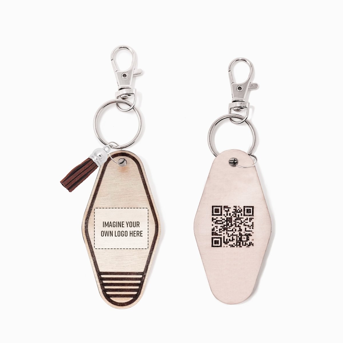 Personalized Business Rattan Keychain with QR Code and suede tassel in various colors, showcasing its elegant design and functionality.