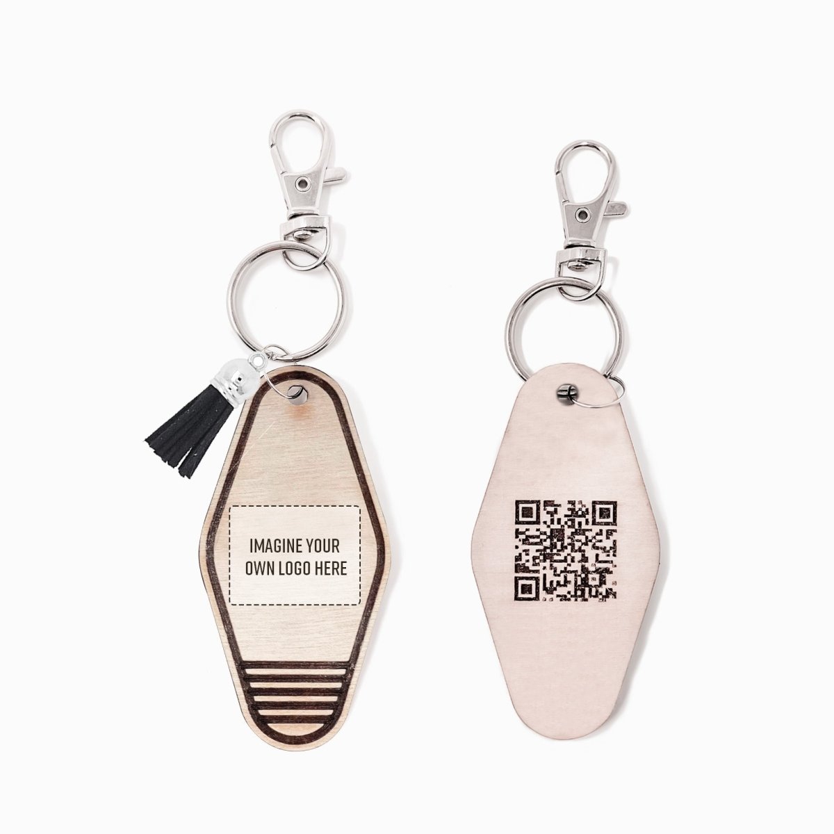 Personalized Business Rattan Keychain with QR Code and suede tassel in various colors, showcasing its elegant design and functionality.