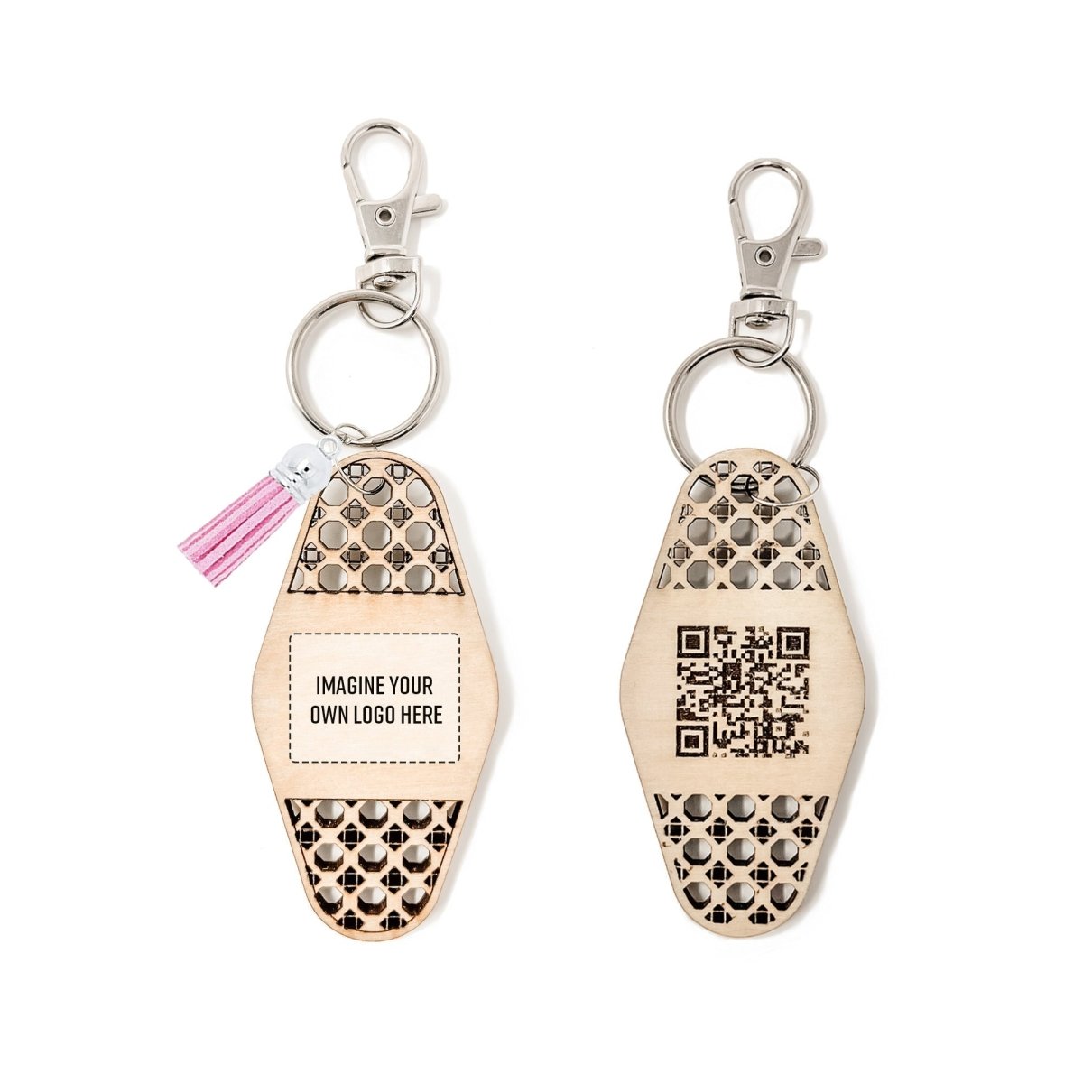 Personalized Business Rattan Keychain with QR Code and suede tassel in various colors, showcasing its elegant design and functionality.