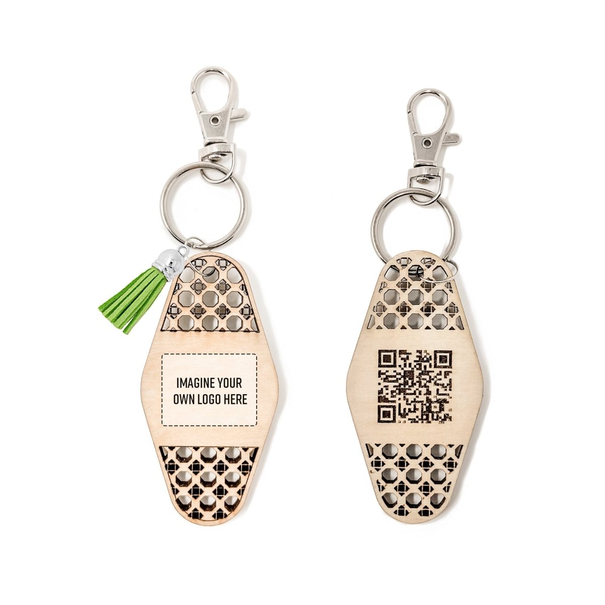 Personalized Business Rattan Keychain with QR Code and suede tassel in various colors, showcasing its elegant design and functionality.