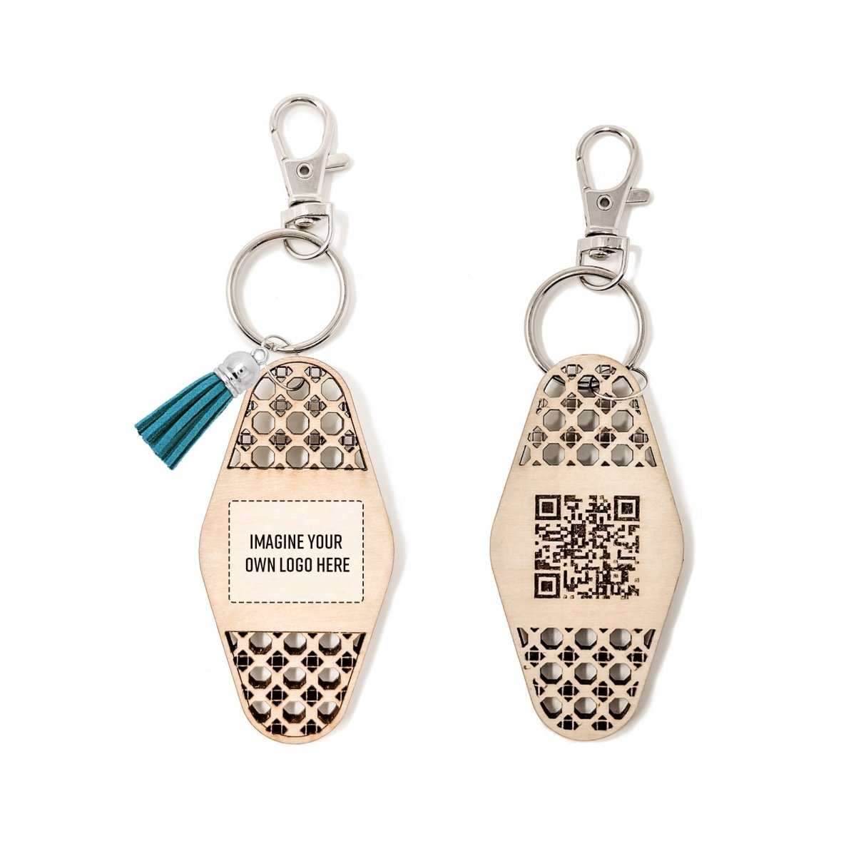 Personalized Business Rattan Keychain with QR Code and suede tassel in various colors, showcasing its elegant design and functionality.