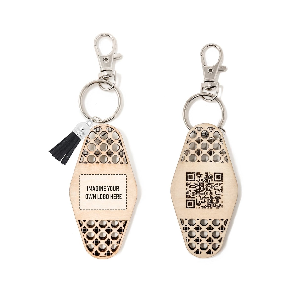 Personalized Business Rattan Keychain with QR Code and suede tassel in various colors, showcasing its elegant design and functionality.