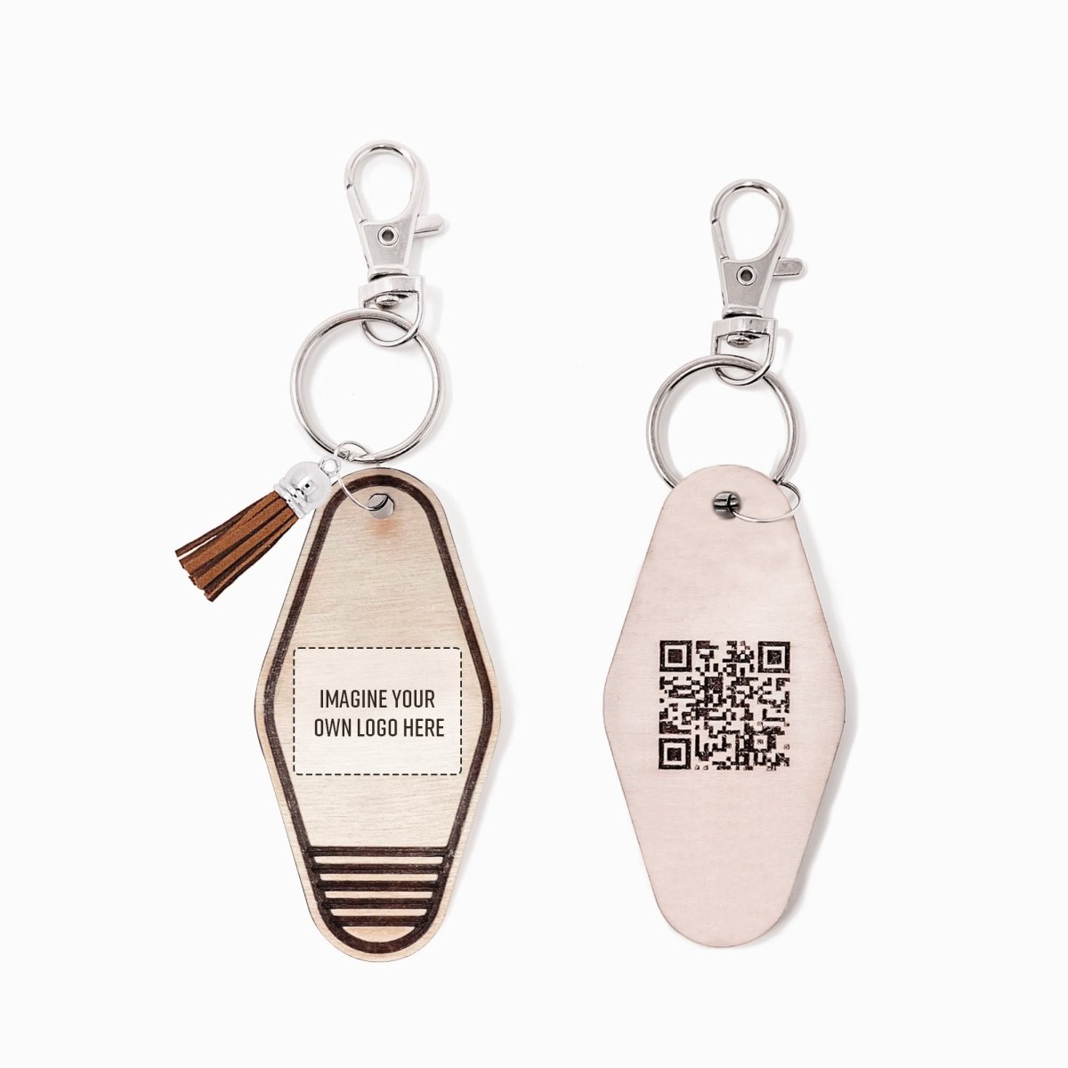 Personalized Business Retro Motel Keychain featuring a QR code and suede tassel, made from natural wood.