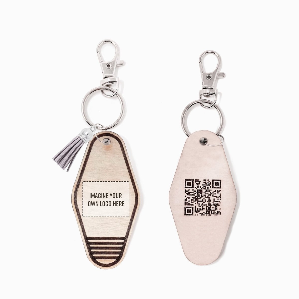 Personalized Business Retro Motel Keychain featuring a QR code and suede tassel, made from natural wood.