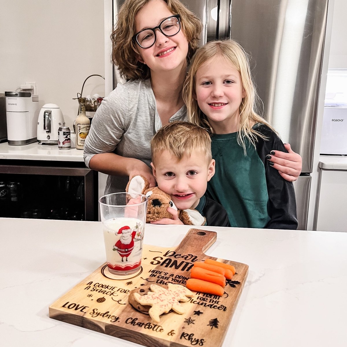 Personalized wood Santa tray cutting board with custom engraving, perfect for holiday treats and baking.