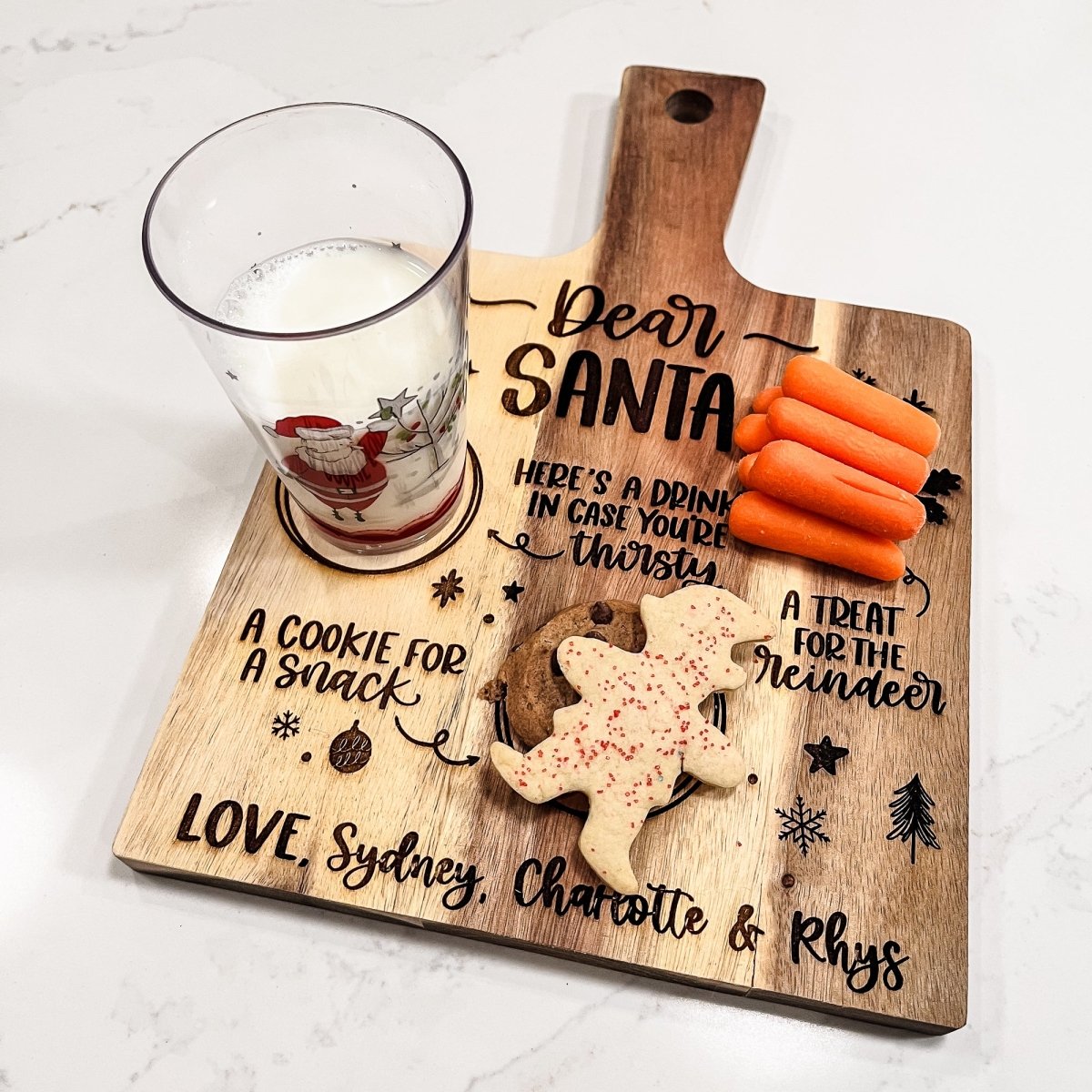 Personalized wood Santa tray cutting board with custom engraving, perfect for holiday treats and baking.