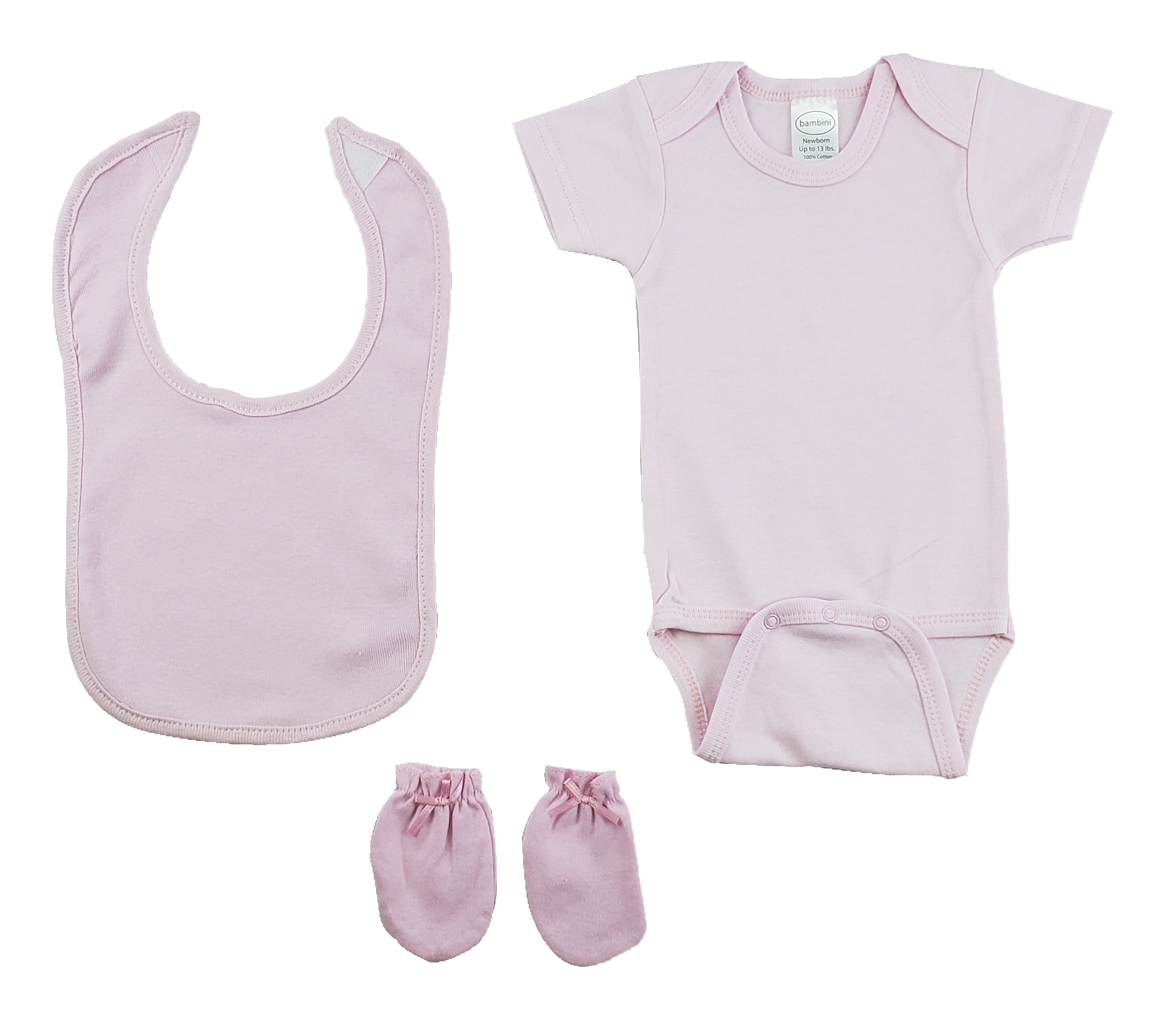 A soft and cozy Pink 3 Piece Baby Clothes Set including a bib, onesie, and mittens, perfect for newborns.