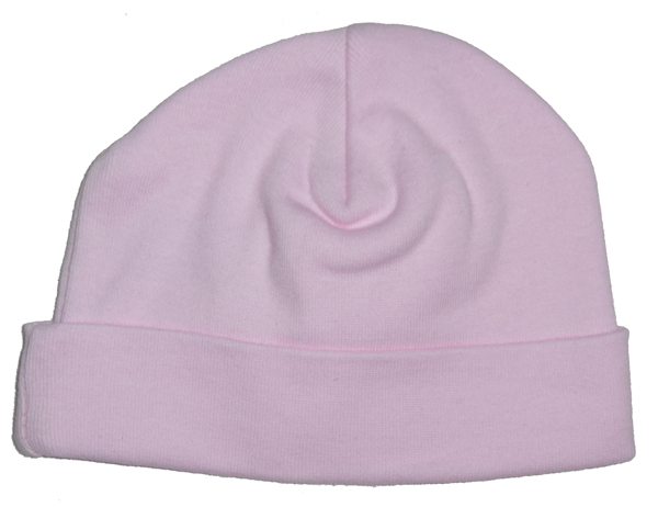 A soft pastel pink baby cap made from 100% cotton, designed for infants with a stretchy fit for comfort.