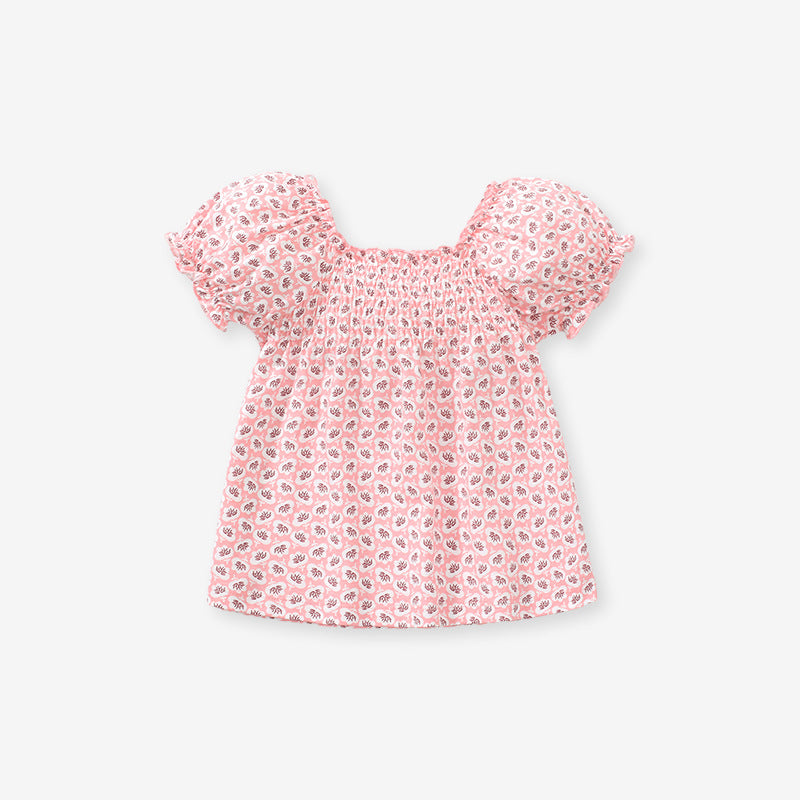 A pink baby girl dress featuring an allover floral graphic design, puff sleeves, and a square neck, made from soft cotton fabric.