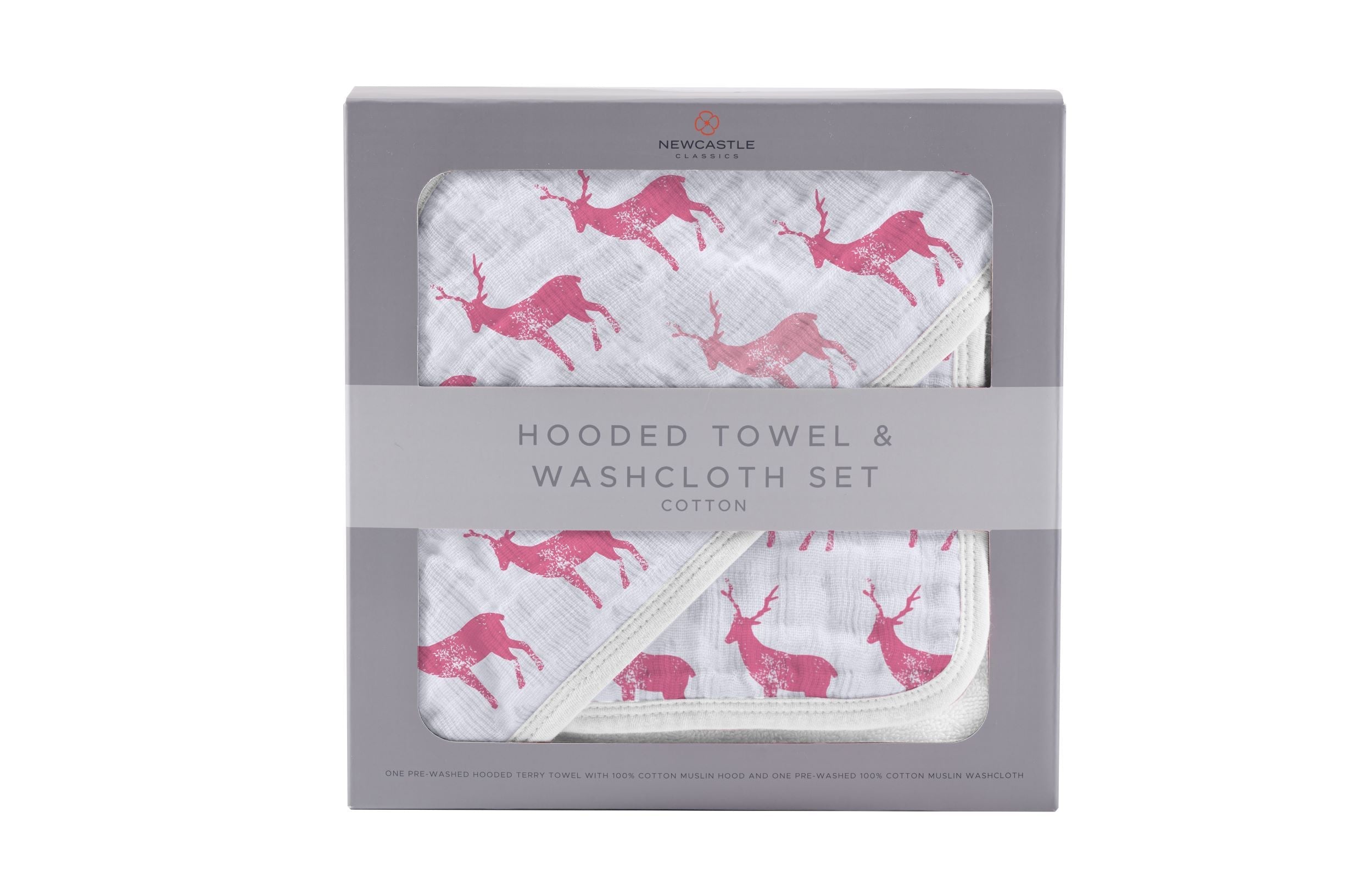 Pink Deer Cotton Hooded Towel and Washcloth Set featuring a cute deer design, made from soft natural cotton muslin, perfect for babies and toddlers.