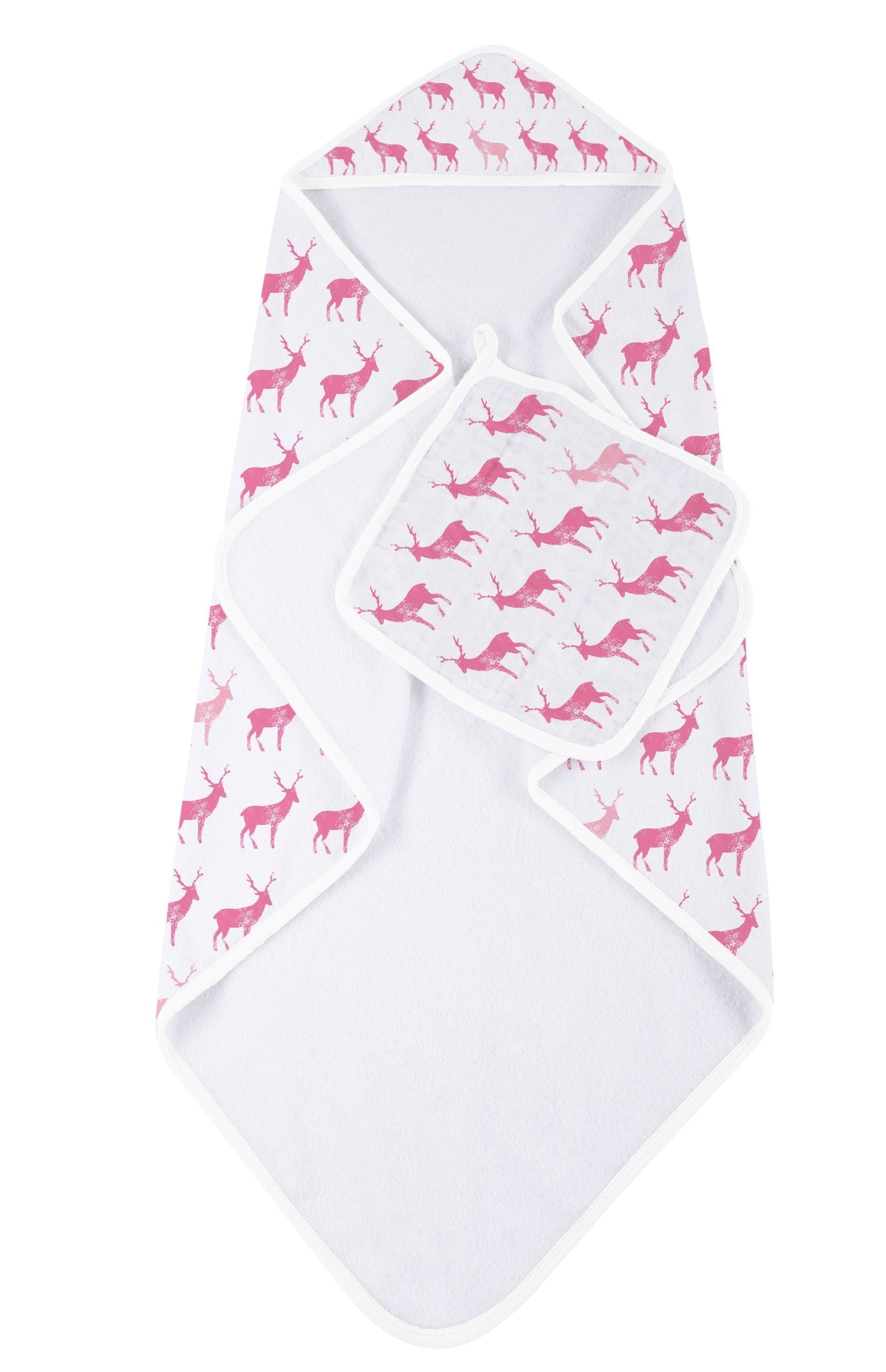 Pink Deer Cotton Hooded Towel and Washcloth Set featuring a cute deer design, made from soft natural cotton muslin, perfect for babies and toddlers.