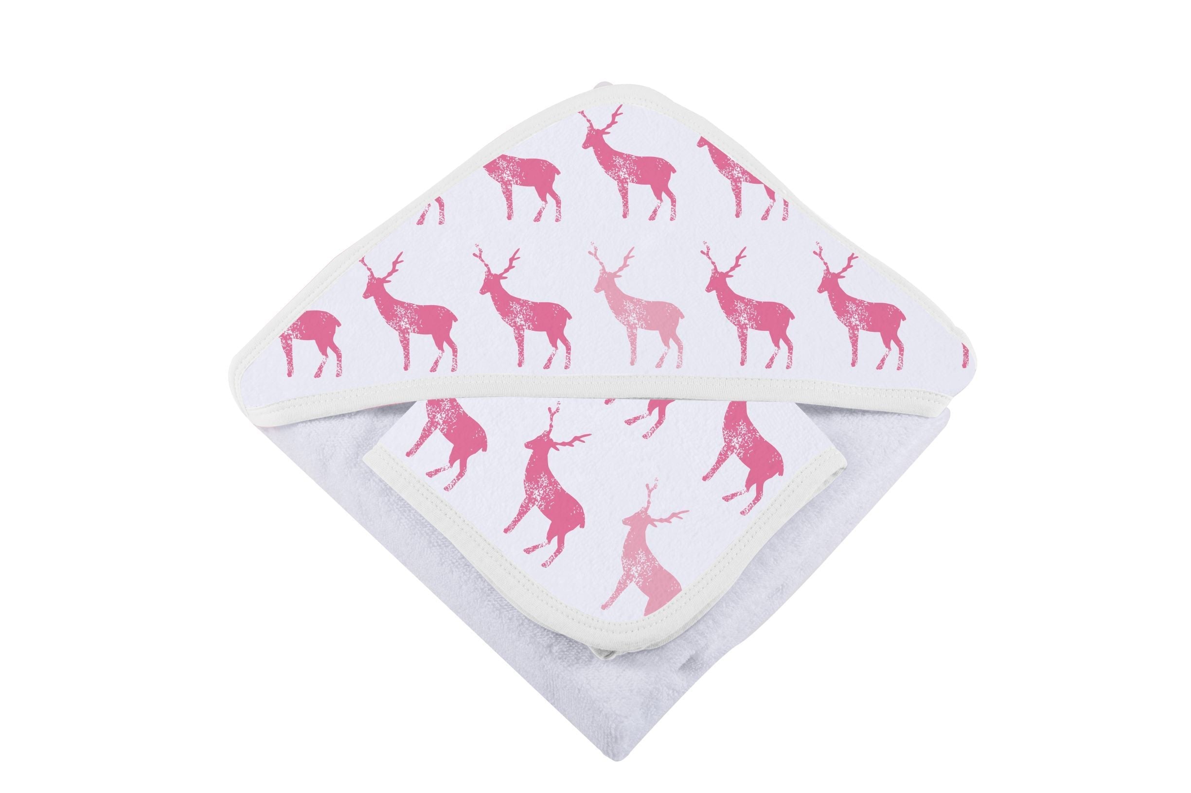 Pink Deer Cotton Hooded Towel and Washcloth Set featuring a cute deer design, made from soft natural cotton muslin, perfect for babies and toddlers.