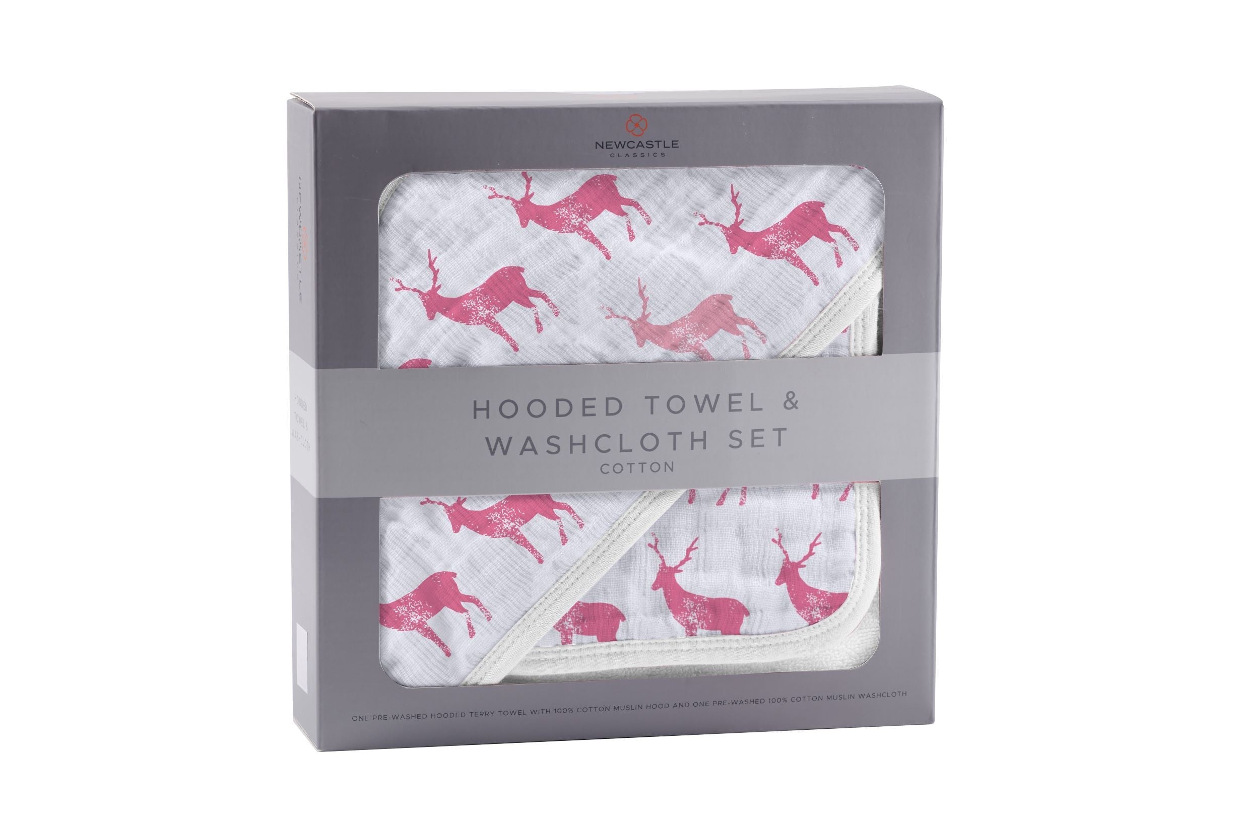 Pink Deer Cotton Hooded Towel and Washcloth Set featuring a cute deer design, made from soft natural cotton muslin, perfect for babies and toddlers.