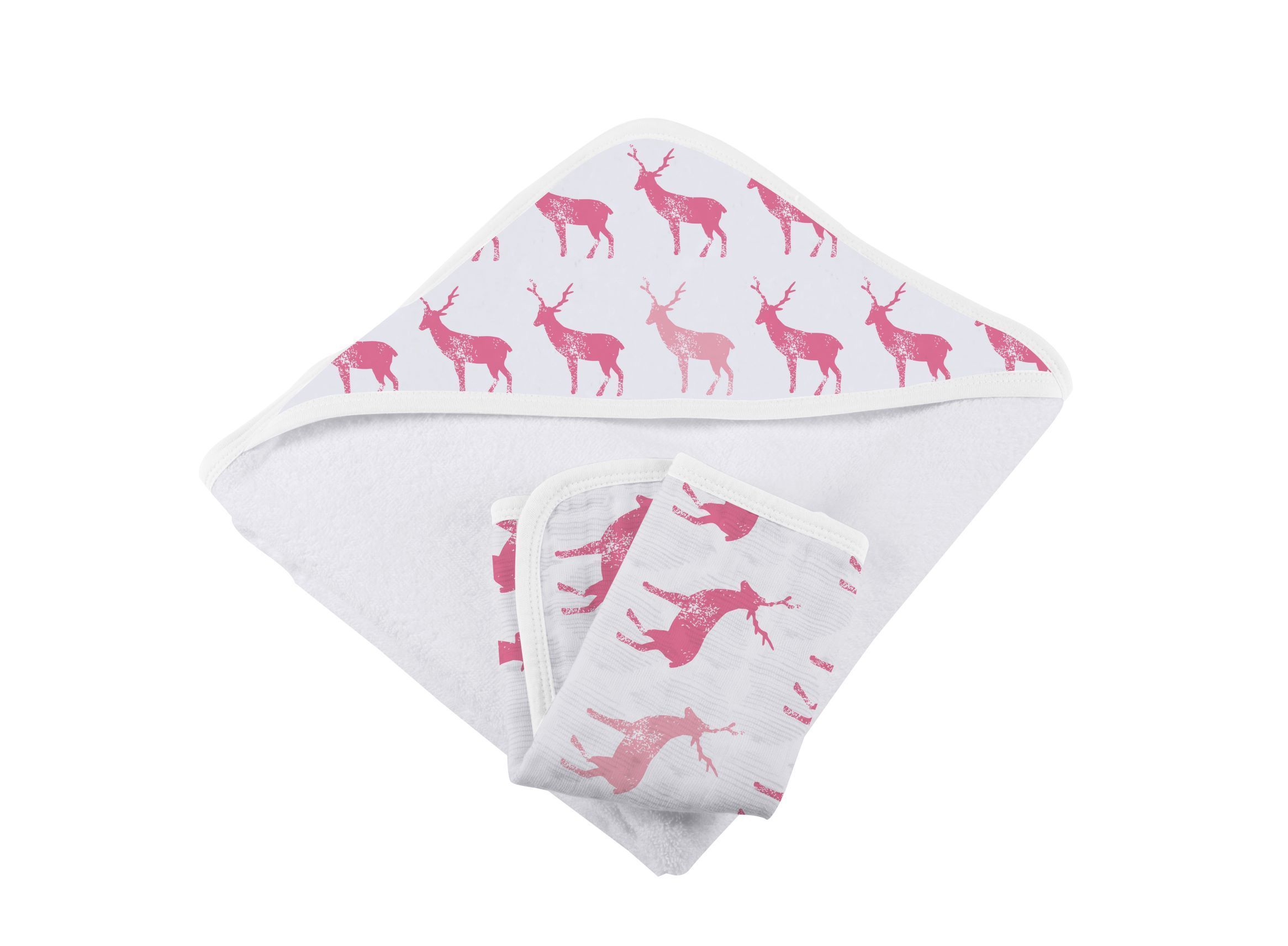 Pink Deer Cotton Hooded Towel and Washcloth Set featuring a cute deer design, made from soft natural cotton muslin, perfect for babies and toddlers.