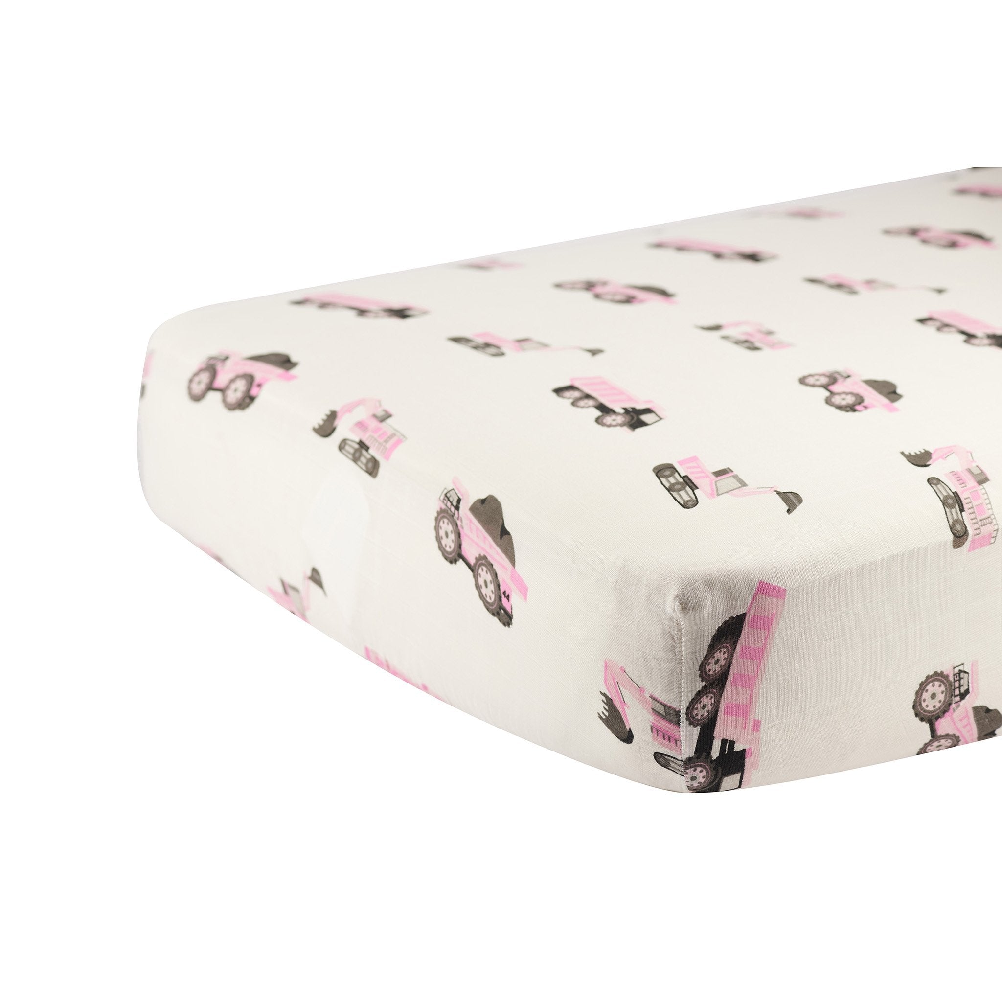 Pink Digger Bamboo Crib Sheet made from soft, breathable bamboo muslin, designed for standard crib mattresses.