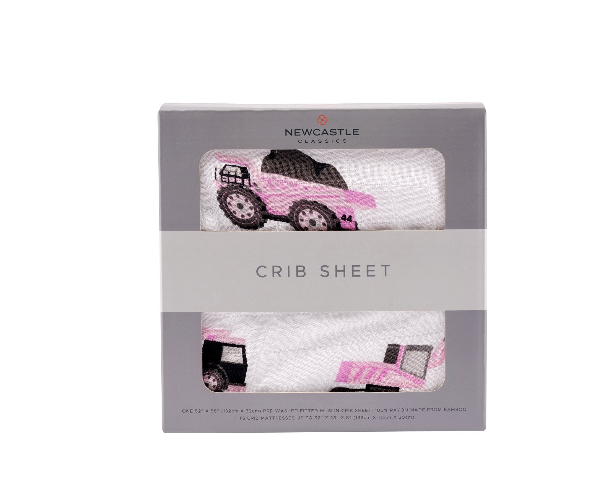 Pink Digger Bamboo Crib Sheet made from soft, breathable bamboo muslin, designed for standard crib mattresses.