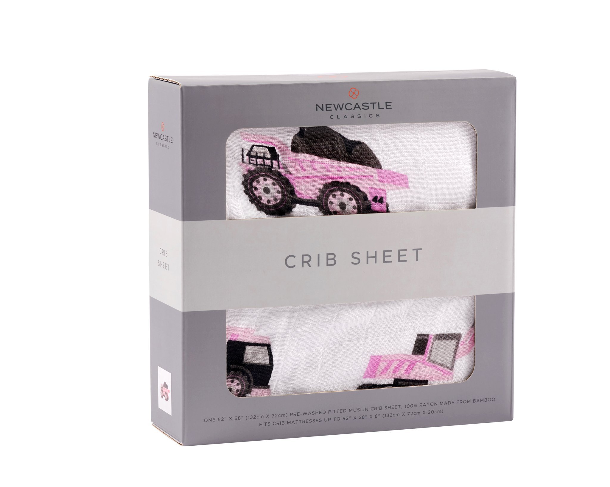 Pink Digger Bamboo Crib Sheet made from soft, breathable bamboo muslin, designed for standard crib mattresses.