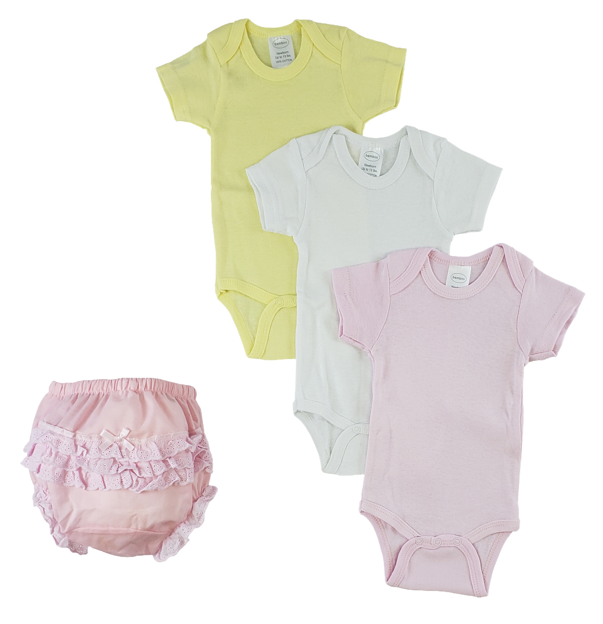 A set of pink girl's onezies and fancy pants underwear made from 100% cotton, showcasing soft fabric and adorable design.