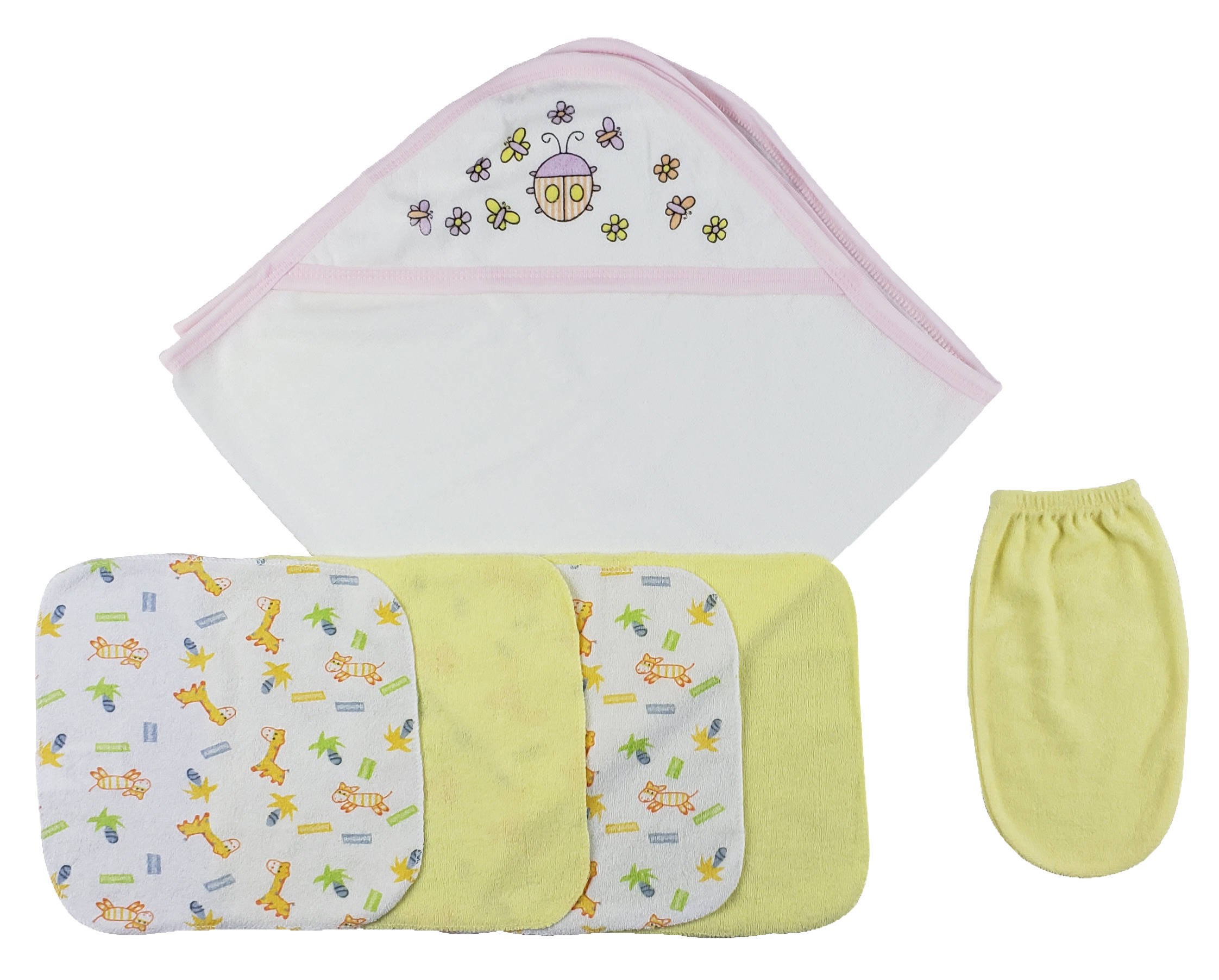 A pink hooded towel set for newborns, including a hooded towel, washcloths, and a washcloth mitten, all made from soft cotton.