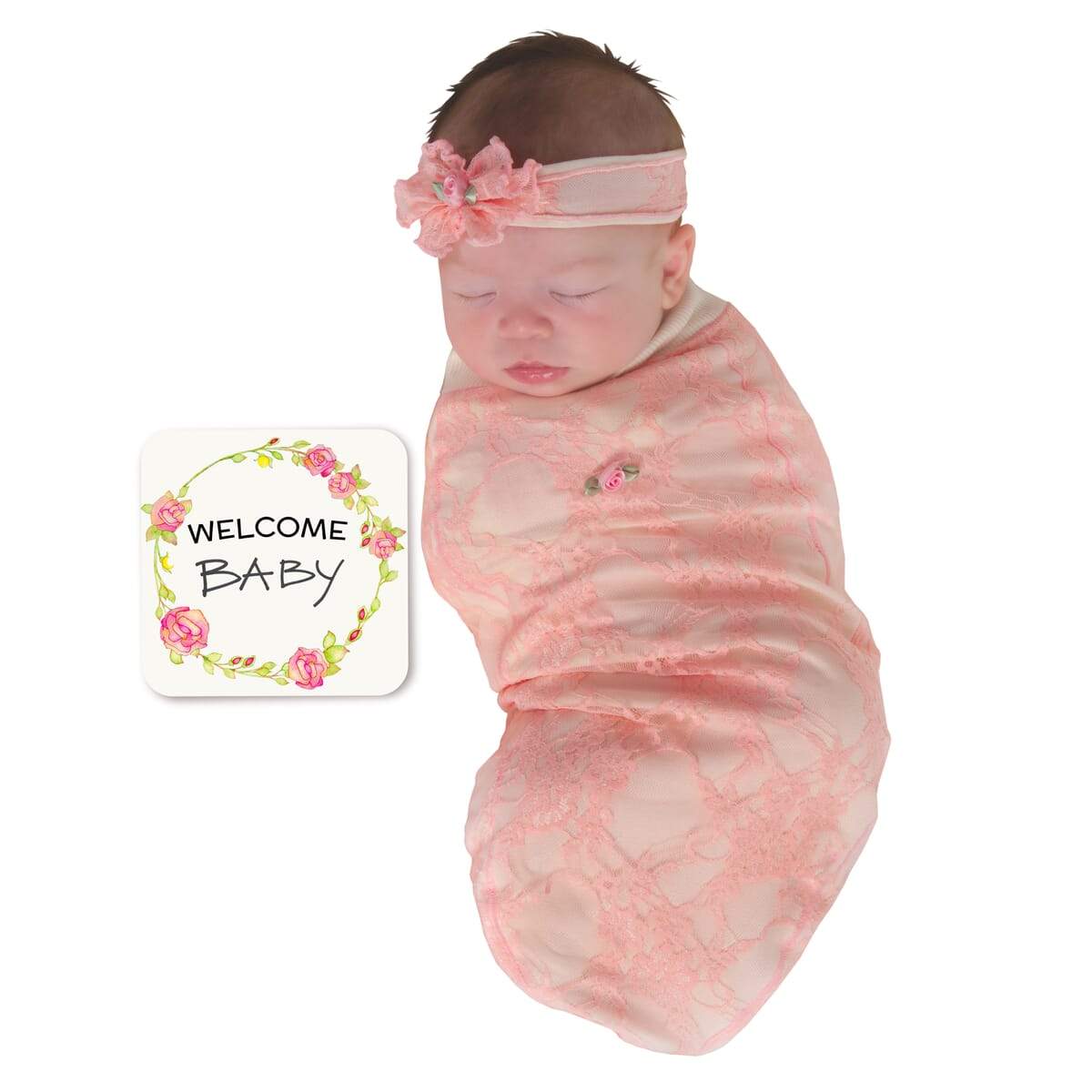 Pink Lace baby cocoon swaddle with matching headpiece and announcement card, designed for newborns, showcasing soft fabric and elegant design.