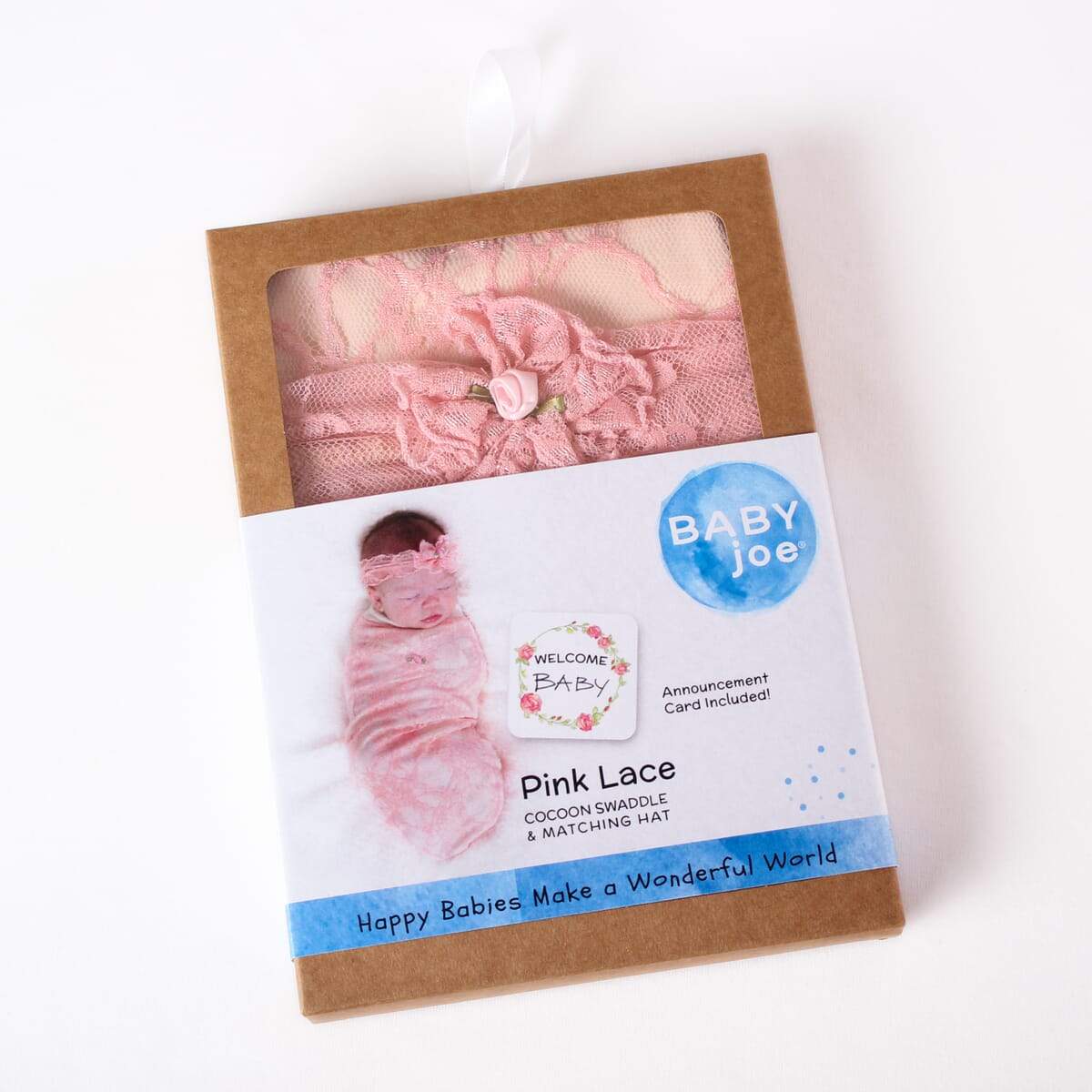 Pink Lace baby cocoon swaddle with matching headpiece and announcement card, designed for newborns, showcasing soft fabric and elegant design.