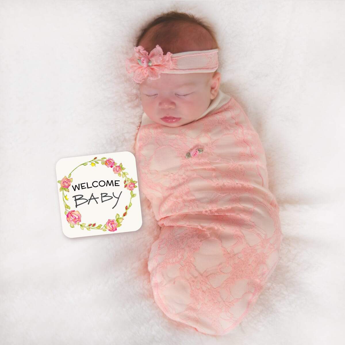 Pink Lace baby cocoon swaddle with matching headpiece and announcement card, designed for newborns, showcasing soft fabric and elegant design.