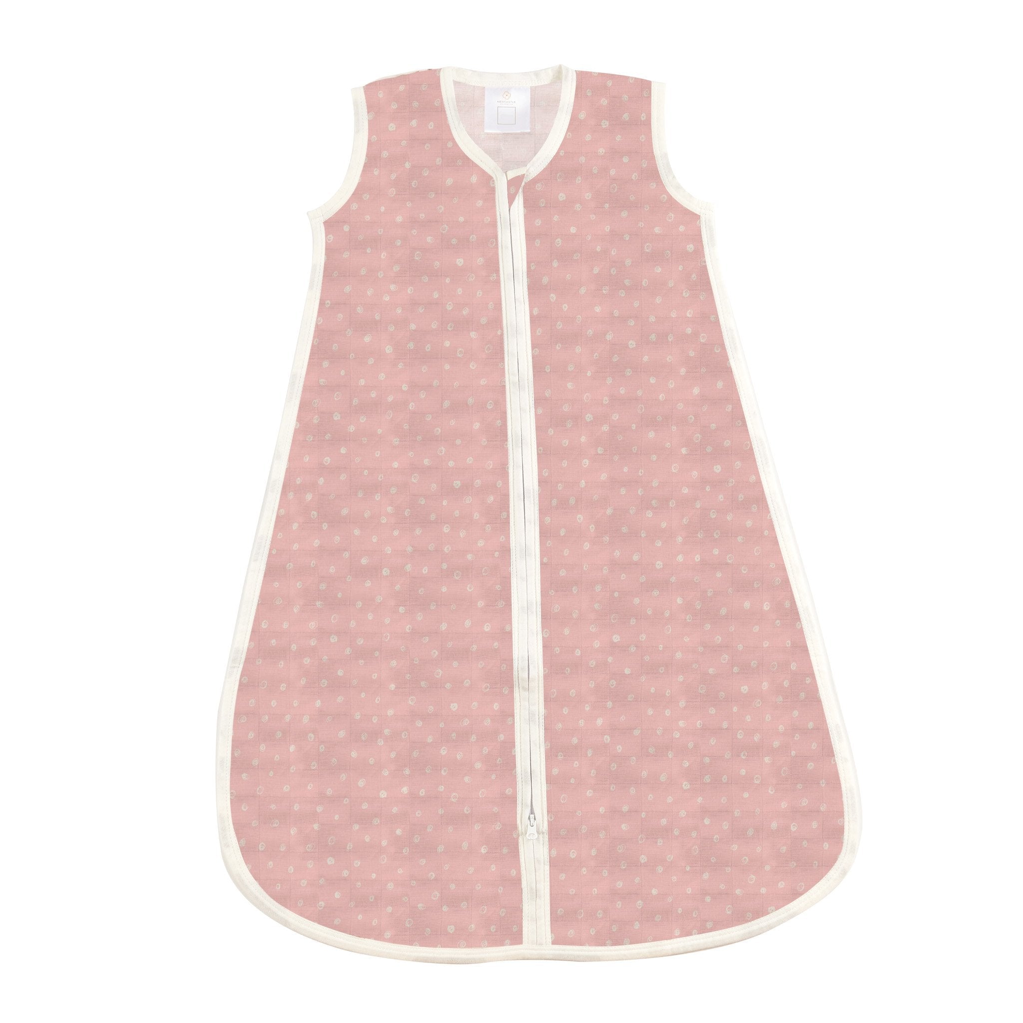 Pink Pearl Polka Dot Bamboo Sleep Sack, lightweight and sleeveless, designed for babies with a downward zipper for easy diaper changes.