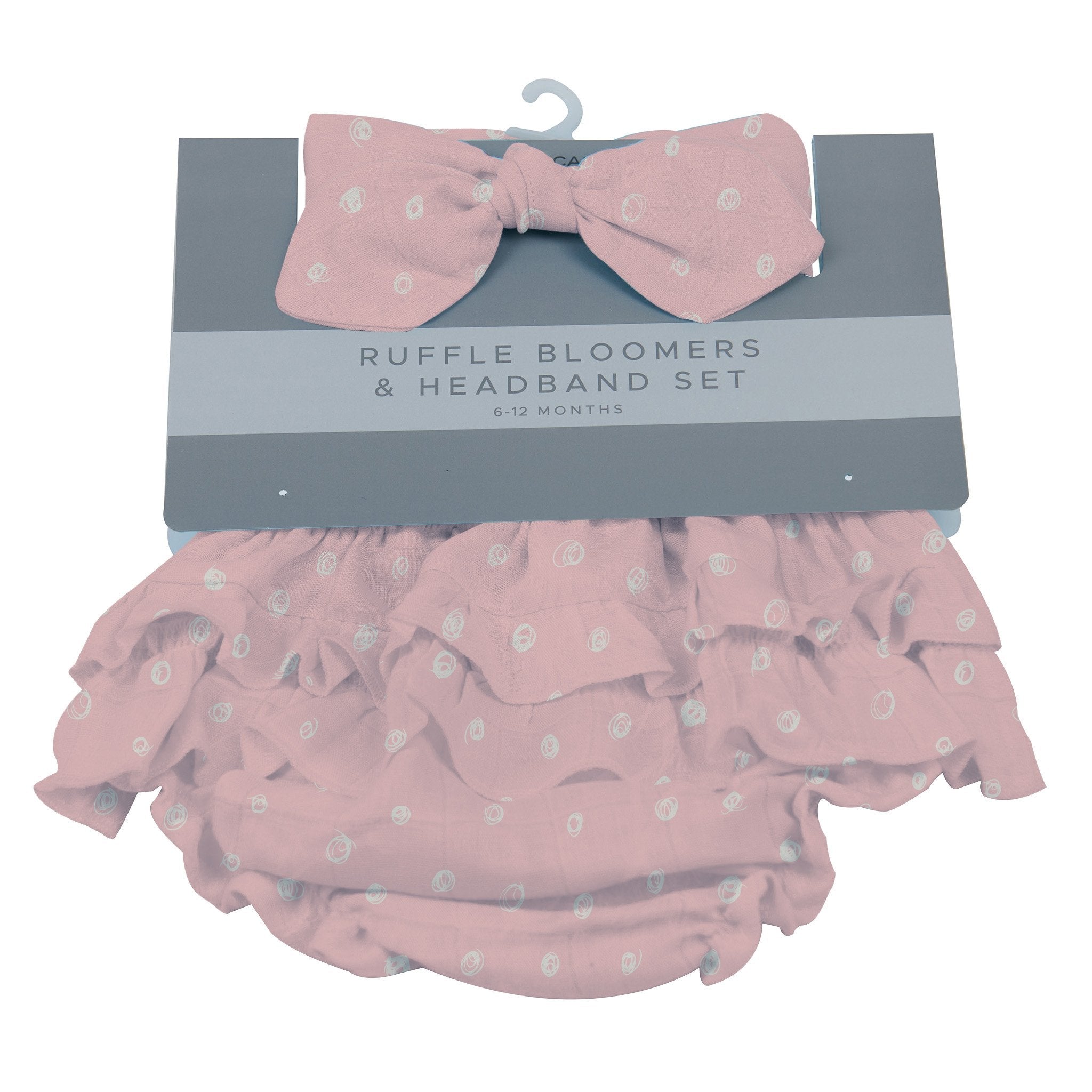 Pink Pearl Polka Dot Ruffle Bloomers and Headband Set for babies, featuring soft bamboo fabric and playful polka dot design.